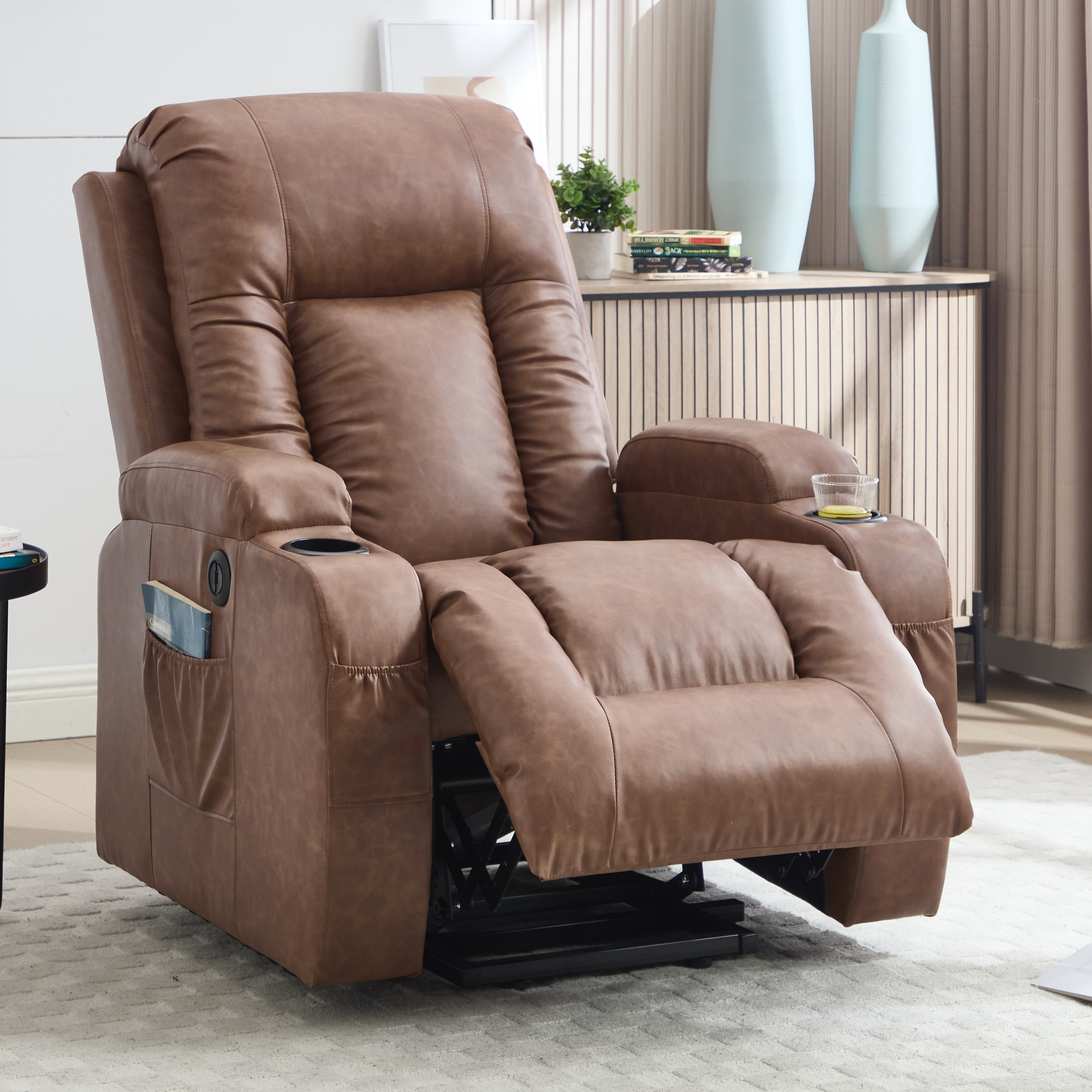 HOMREST PU Infinite Position Power Lift Recliner Chair for Elderly, 8-Point Massage & Heating, Brown