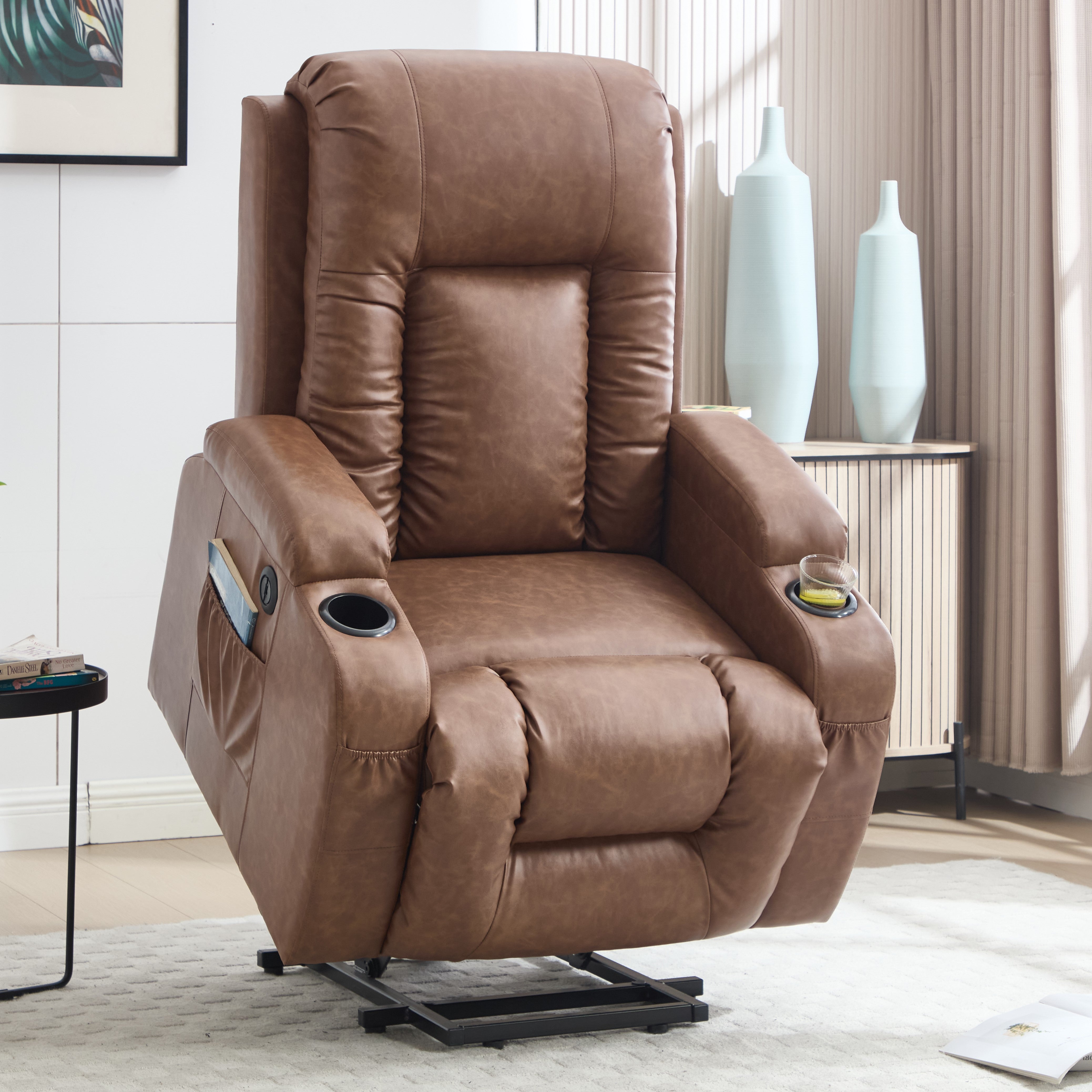 HOMREST PU Infinite Position Power Lift Recliner Chair for Elderly, 8-Point Massage & Heating, Brown