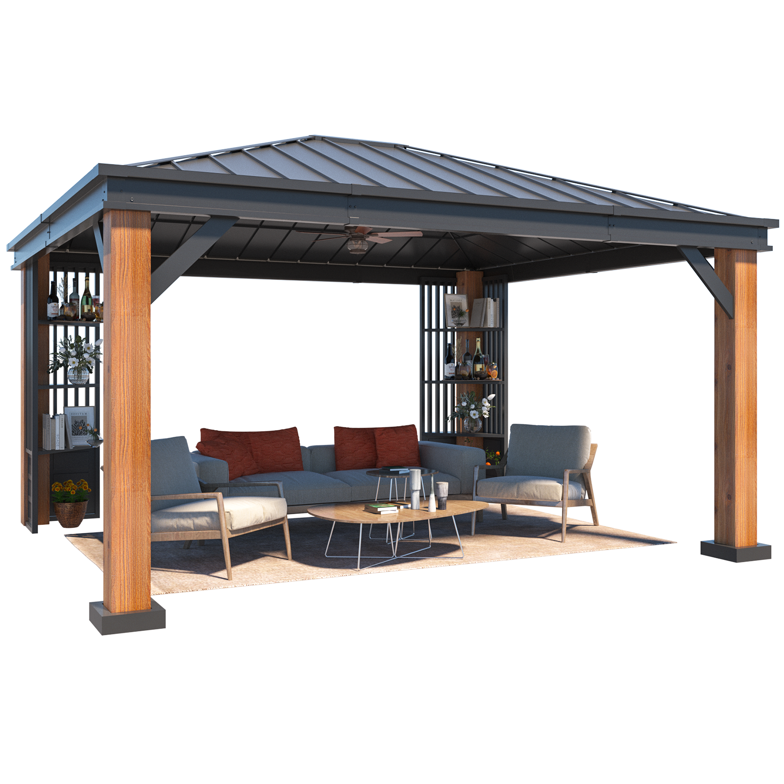 Homrest 12' x 14' Hardtop Gazebo, Galvanized Steel Top with Wood Grain Aluminum Frame, Permanent Metal Pavilion with Three-Layer Storage Shelvess