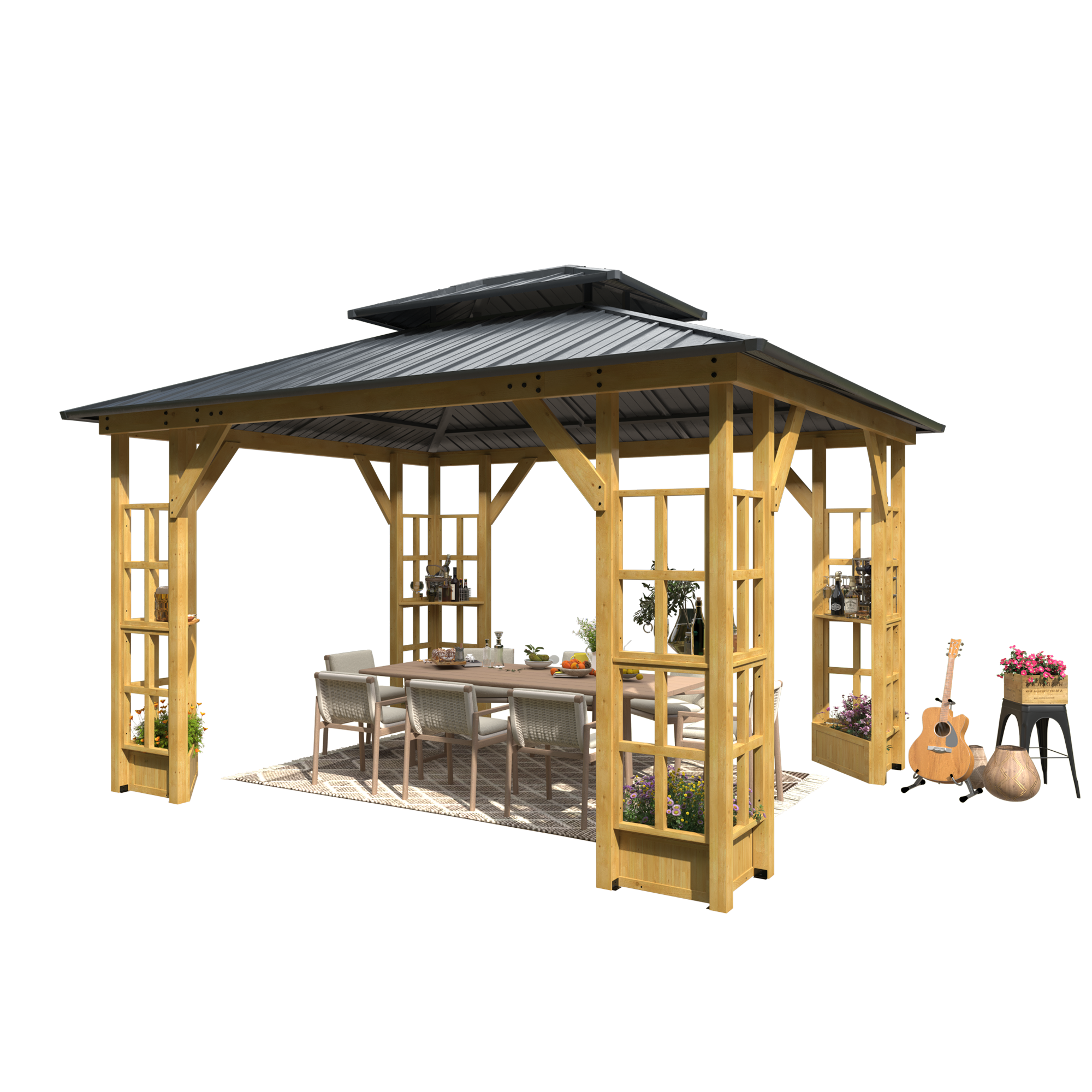 Homrest 11' x 13' Wood Gazebo, Outdoor Hardtop Gazebo Pavilion with Spruce Solid Wooden Frame, Double Roof Metal Canopy for Patio Backyard Deck Garden