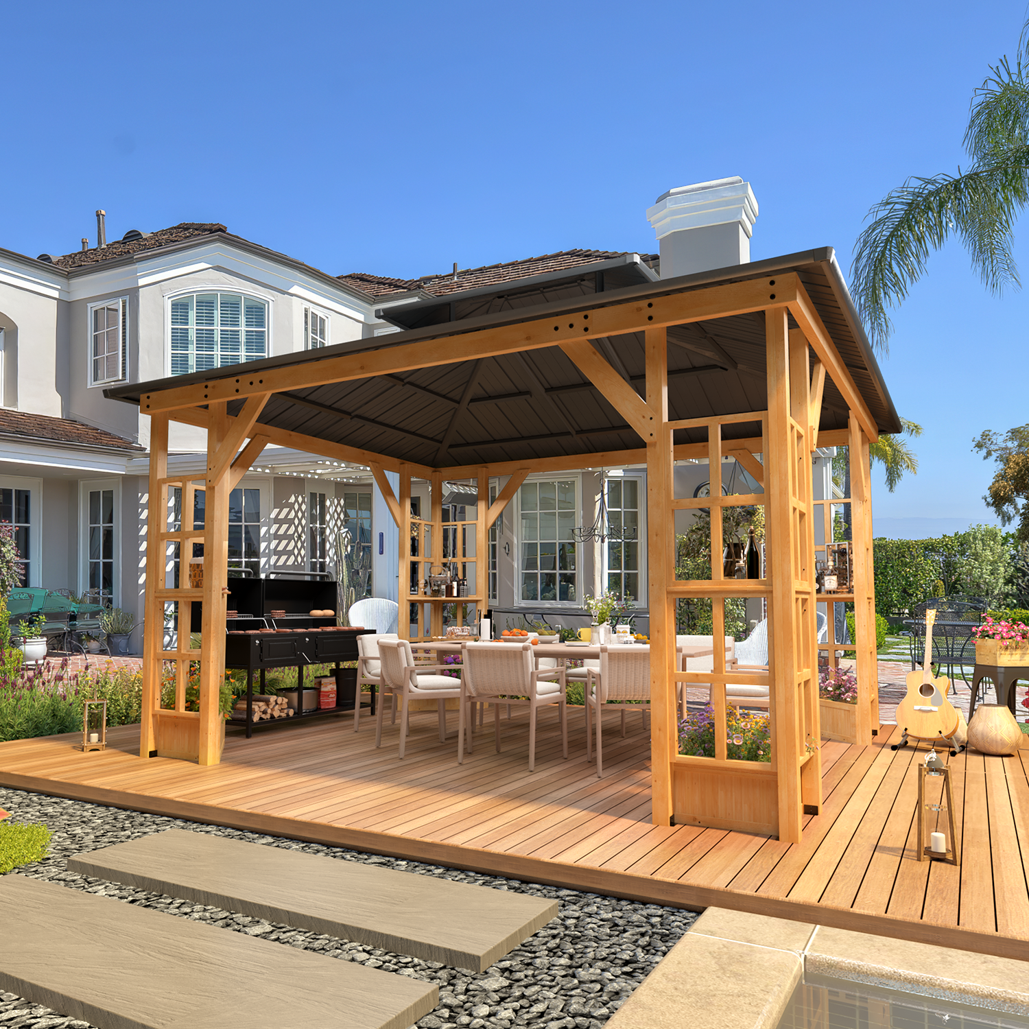 Homrest 11' x 13' Wood Gazebo, Outdoor Hardtop Gazebo Pavilion with Spruce Solid Wooden Frame, Double Roof Metal Canopy for Patio Backyard Deck Garden