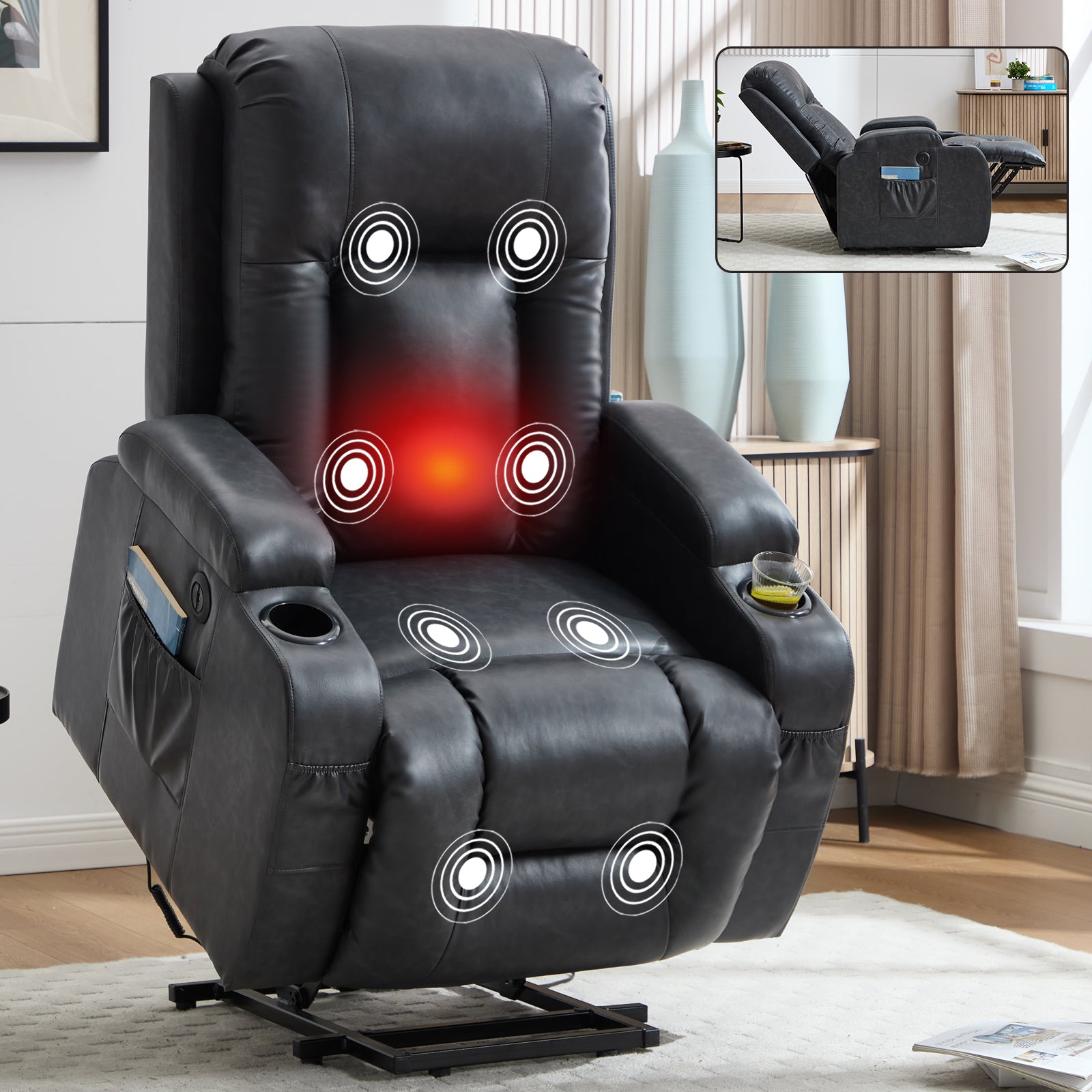HOMREST PU Infinite Position Power Lift Recliner Chair for Elderly, 8-Point Massage & Heating, Gray