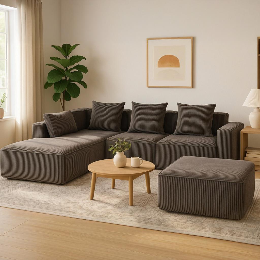 HOMREST 5-Seat Modular Sofa, Corduroy Lounge Couch with Free Combination Design and Throw Pillows, Gray