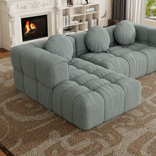 HOMREST Fully compressed modular 103" L-shaped combination living room sofa set, Blue Gray(left side recliner)