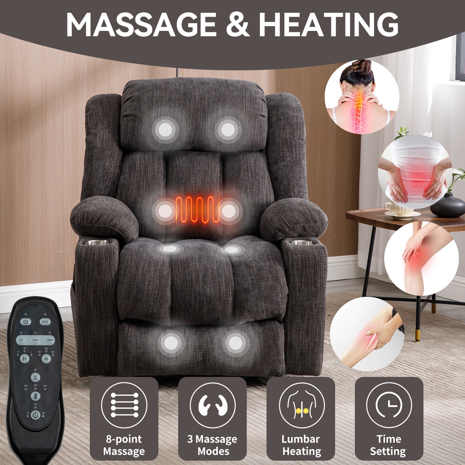 Homrest Premium Electric Recliner Chair with 8-Point Massage & Heating, Plush Chenille Fabric, Dark Gray