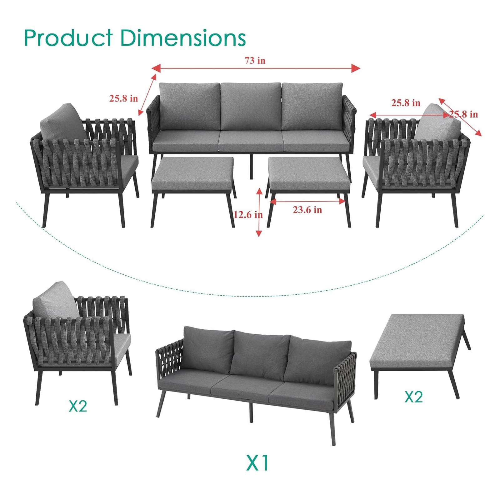 Product dimensions of Homrest 5 pieces outdoor furniture set