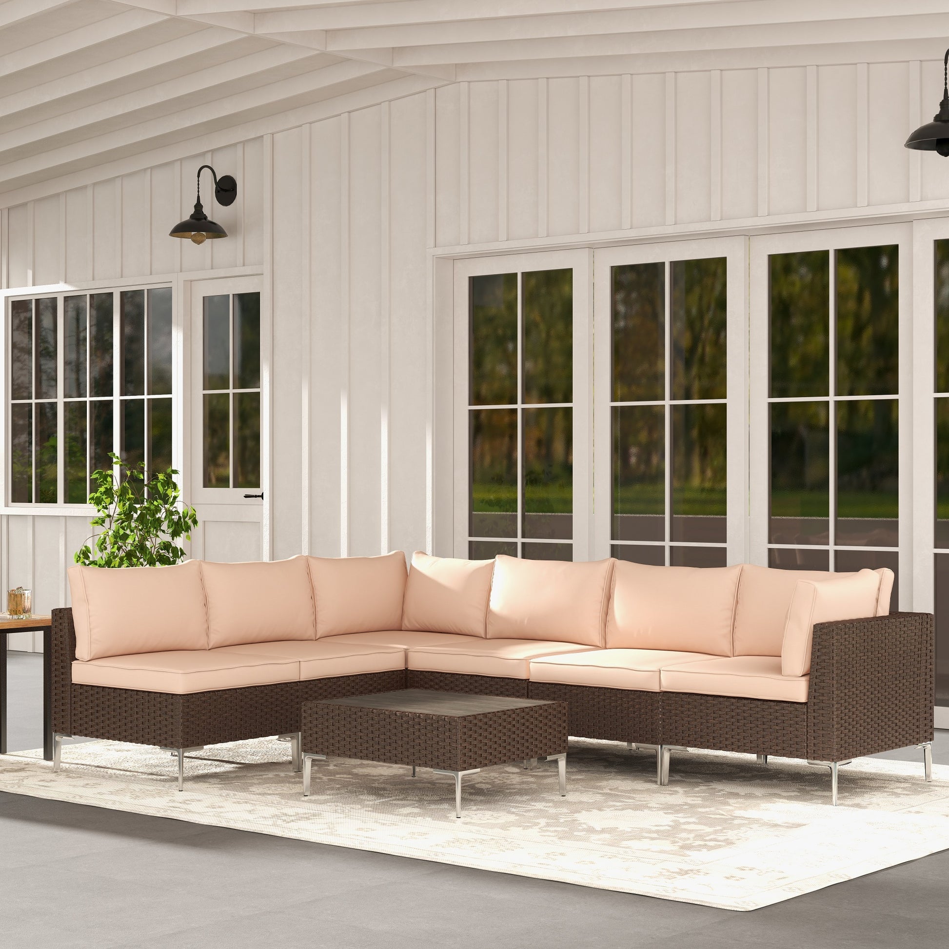 7 Pieces Outdoor Sectional Sofa All-Weather Furniture Set with Cushion/Tea Tabl, Khaki