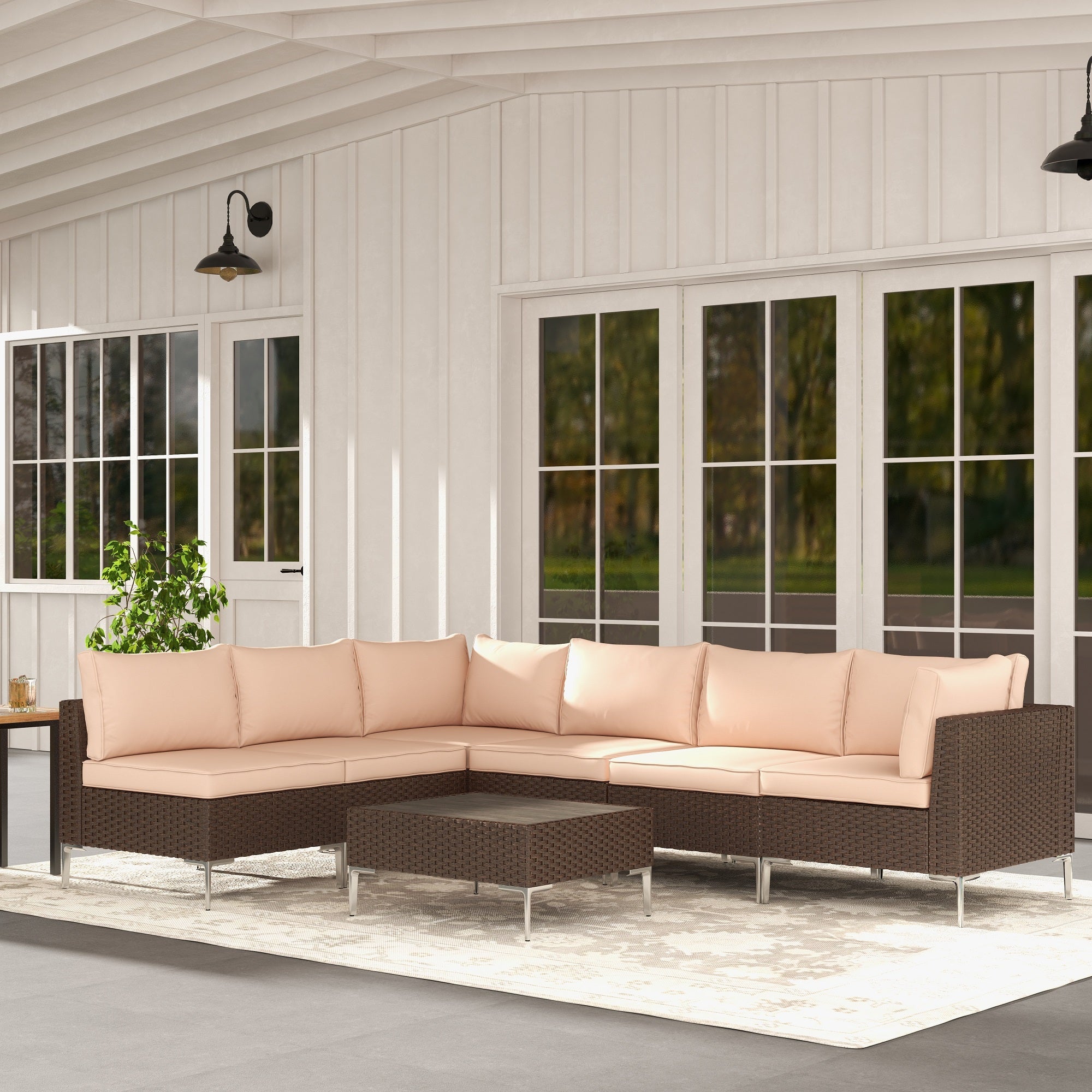 7 Pieces Outdoor Sectional Sofa All-Weather Furniture Set with Cushion/Tea Tabl, Khaki