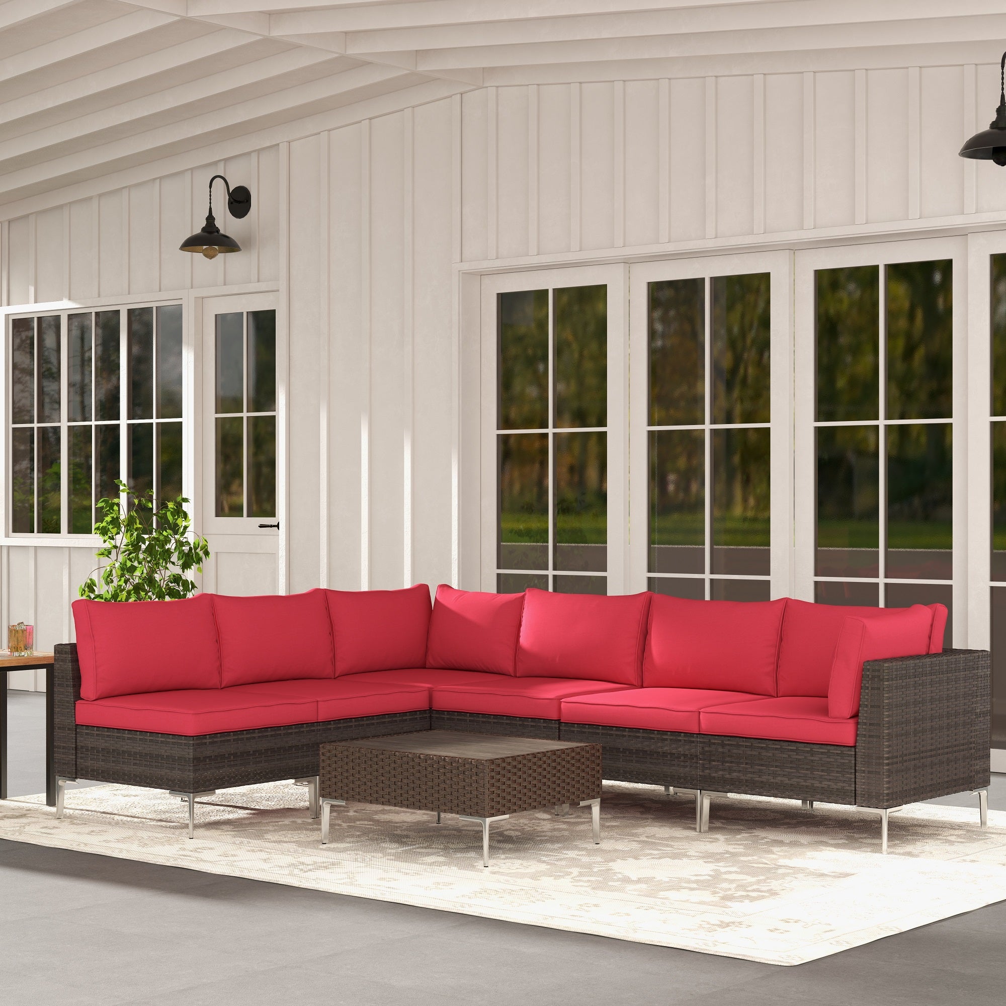 7 Pcs Outdoor Sectional Sofas All-Weather Patio Couch Set with Cushion/Tea Table, Red | Homrest Furniture