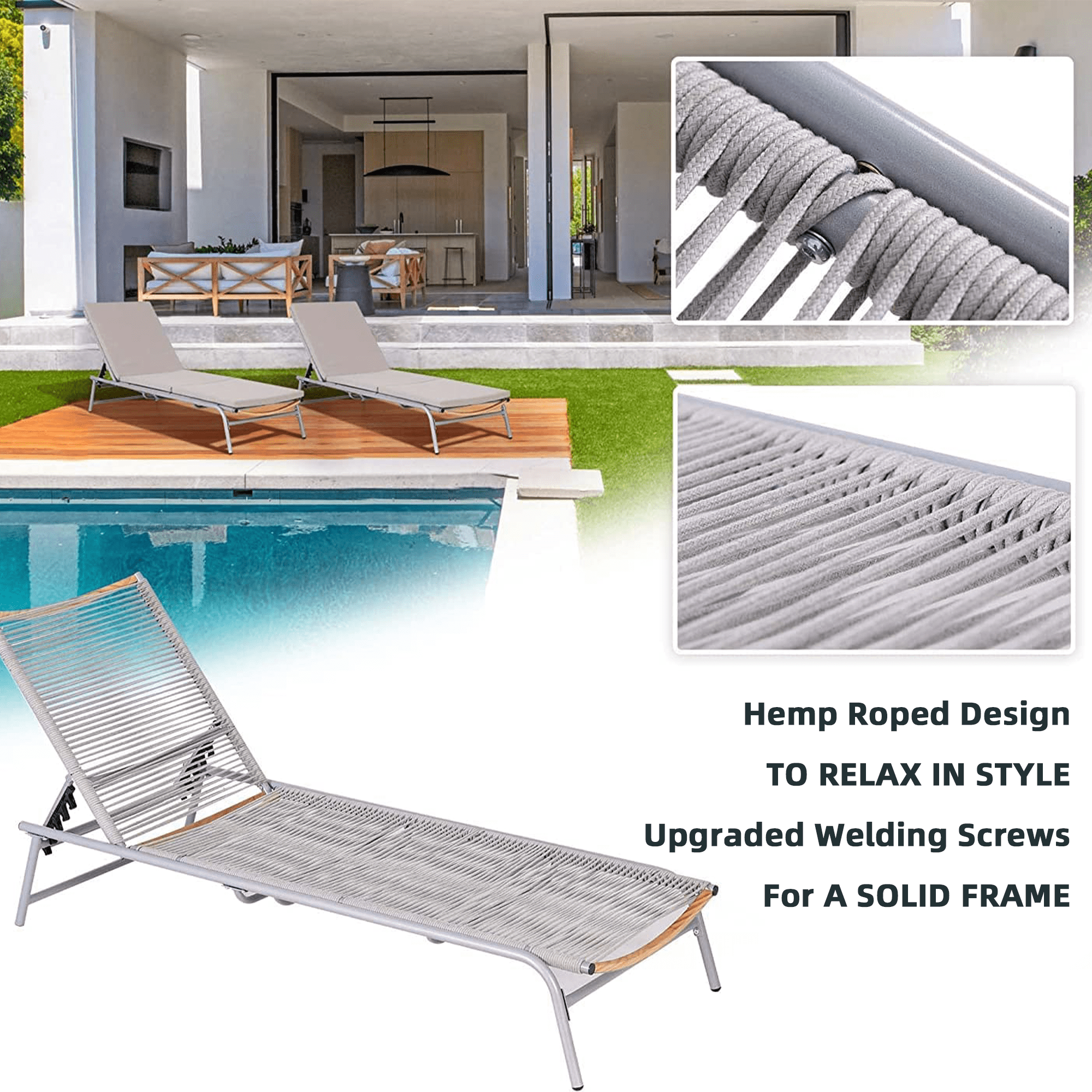 Outdoor Lounge Chair, Aluminum Chaise Lounge Chair with 5 Gears Adjustment Backrest, Beige