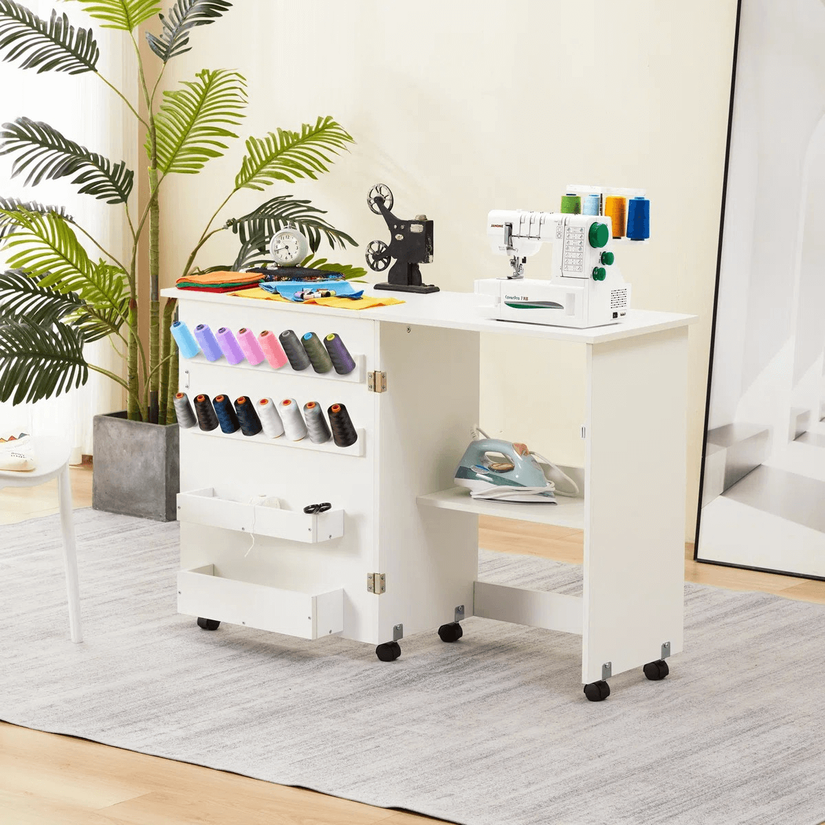 HOMREST 46" X 15.5" Folding Sewing Table, Portable Craft Station With Storage Shelf