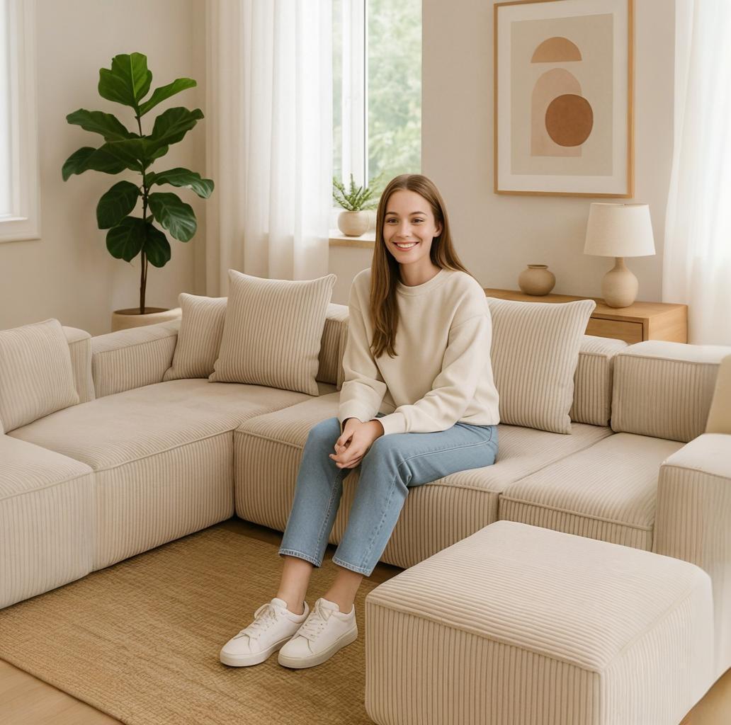 HOMREST 5-Seat Modular Sofa, Corduroy Lounge Couch with Free Combination Design and Throw Pillows, Beige