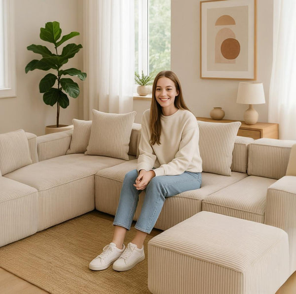 HOMREST 5-Seat Modular Sofa, Corduroy Lounge Couch with Free Combination Design and Throw Pillows, Beige