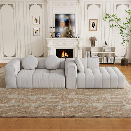 HOMREST Fully compressed modular 103" L-shaped combination living room sofa set, Off White(Right side recliner)