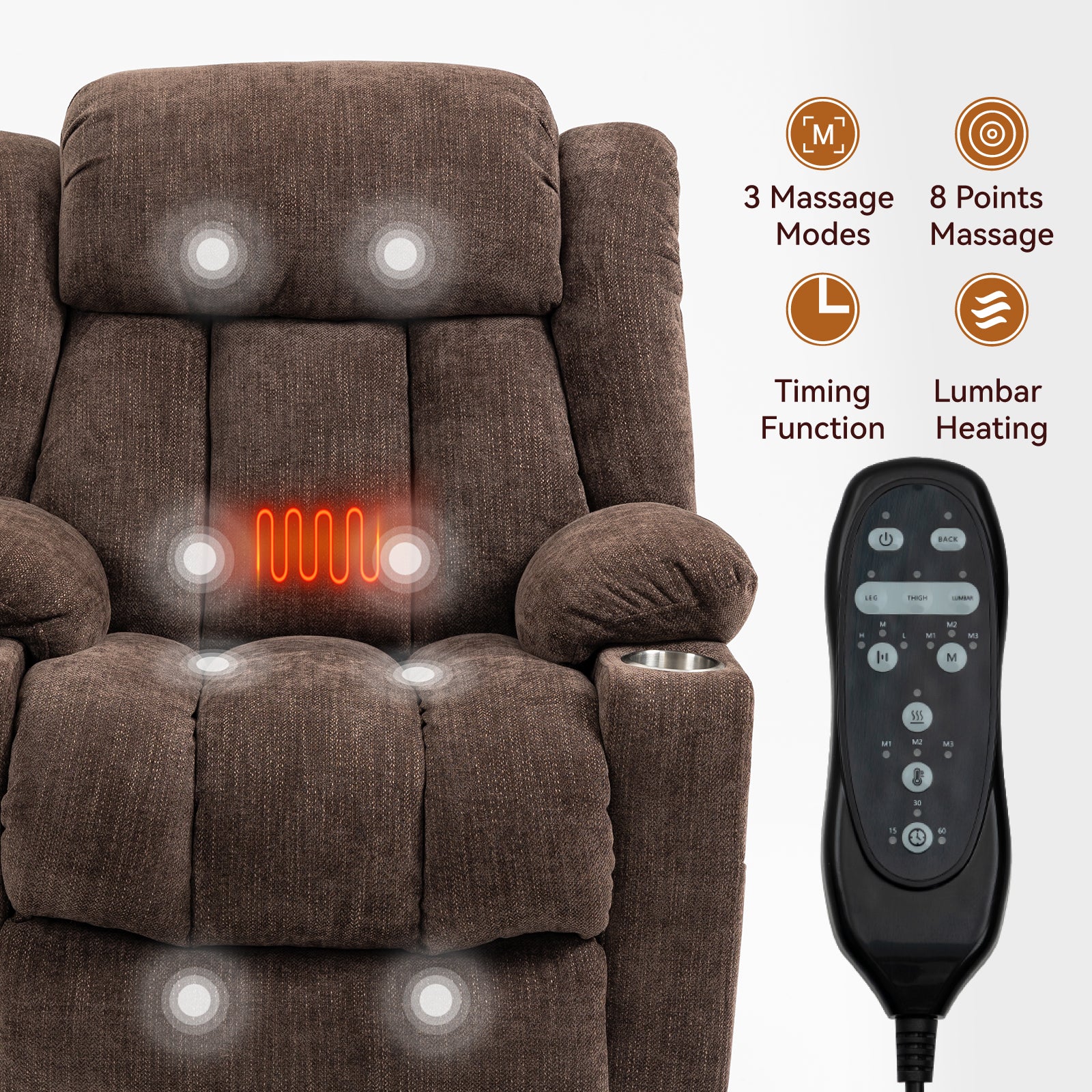 Homrest Premium Electric Recliner Chair with 8-Point Massage & Heating, Plush Chenille Fabric, Dark Brown