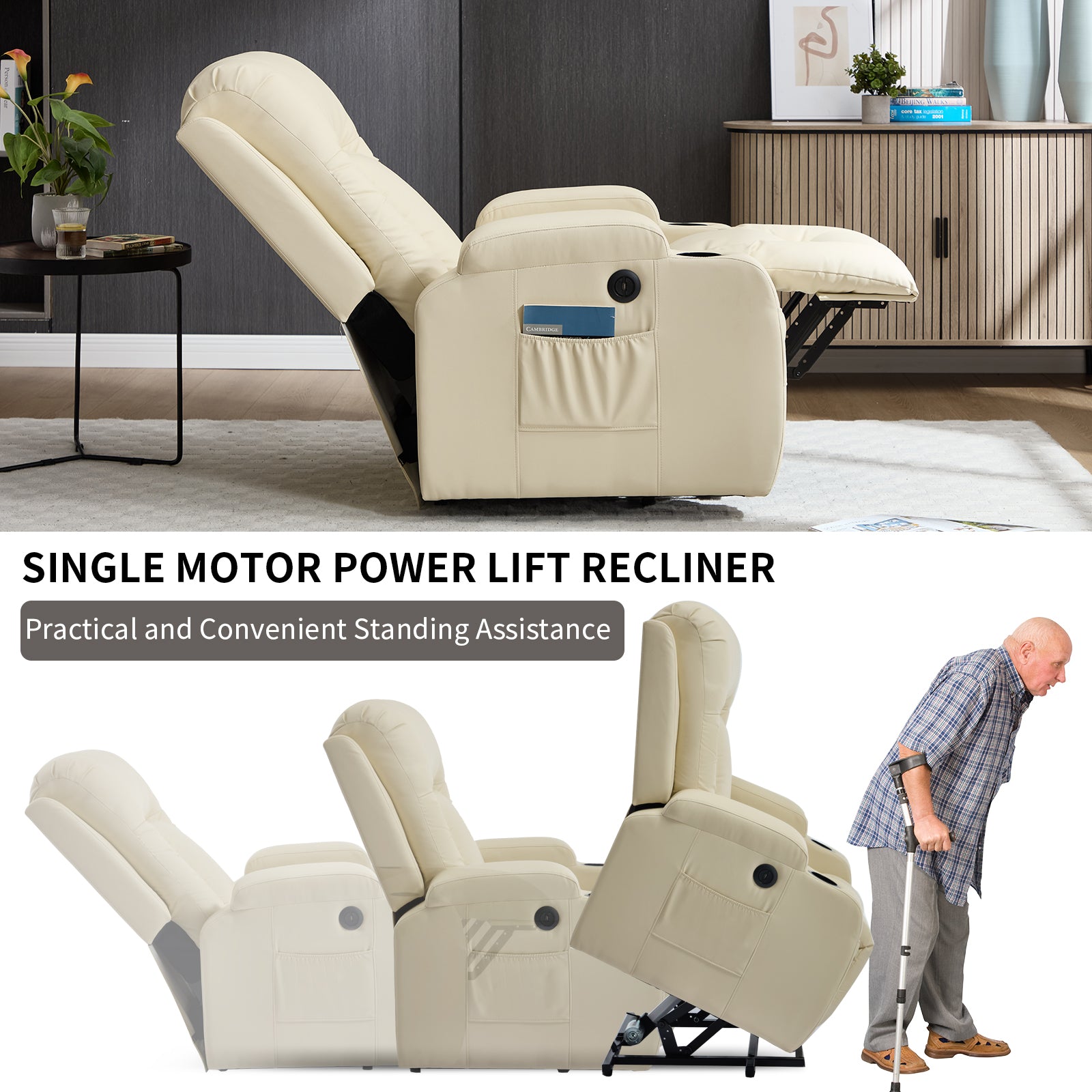 HOMREST PU Infinite Position Power Lift Recliner Chair for Elderly, 8-Point Massage & Heating, Beige