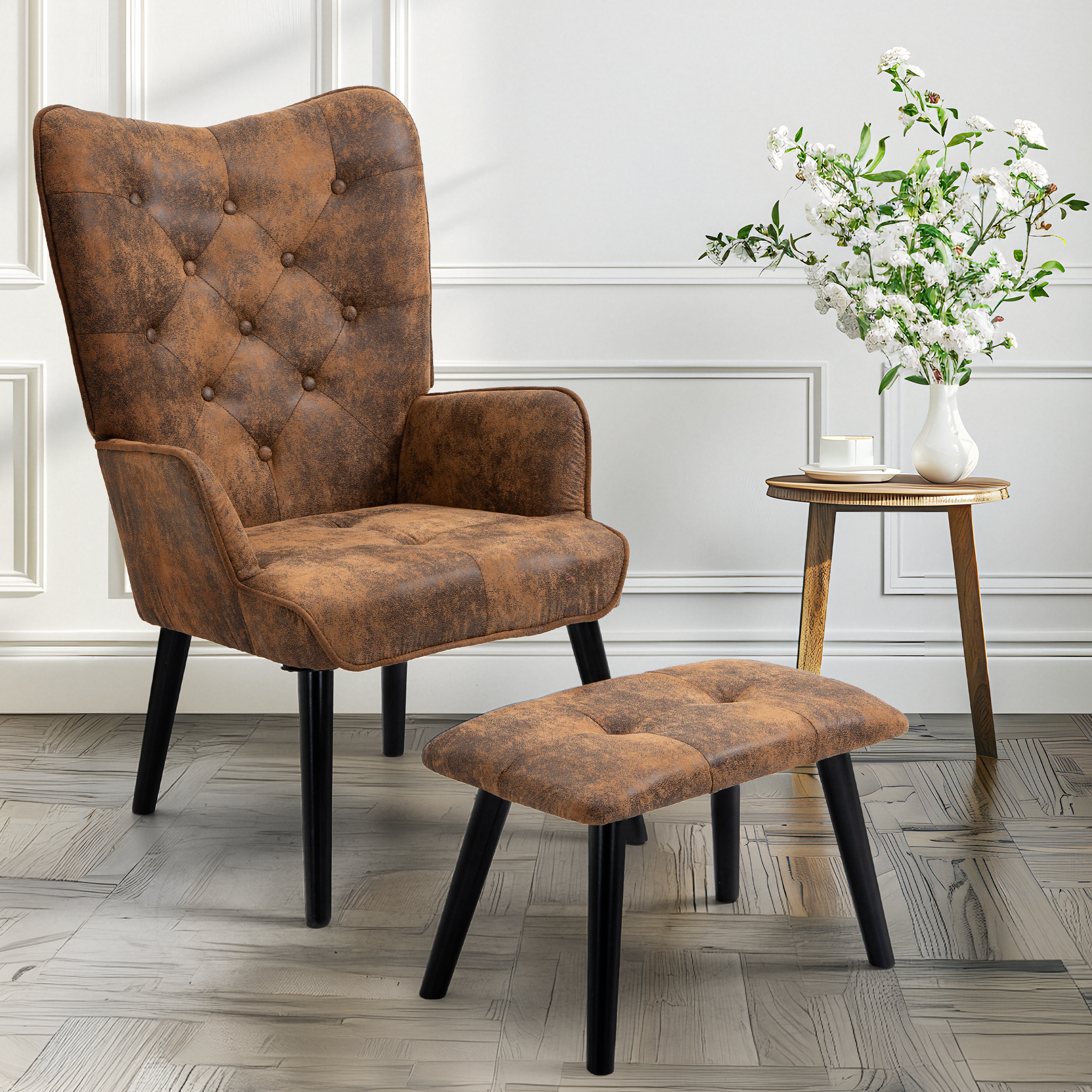 HOMREST Accent Chair with Ottoman(Anti-Skid Feet Caps), Button Wingback Leisure Single Sofa, Arms Upholstered Tall Back Desk Chair, Brown