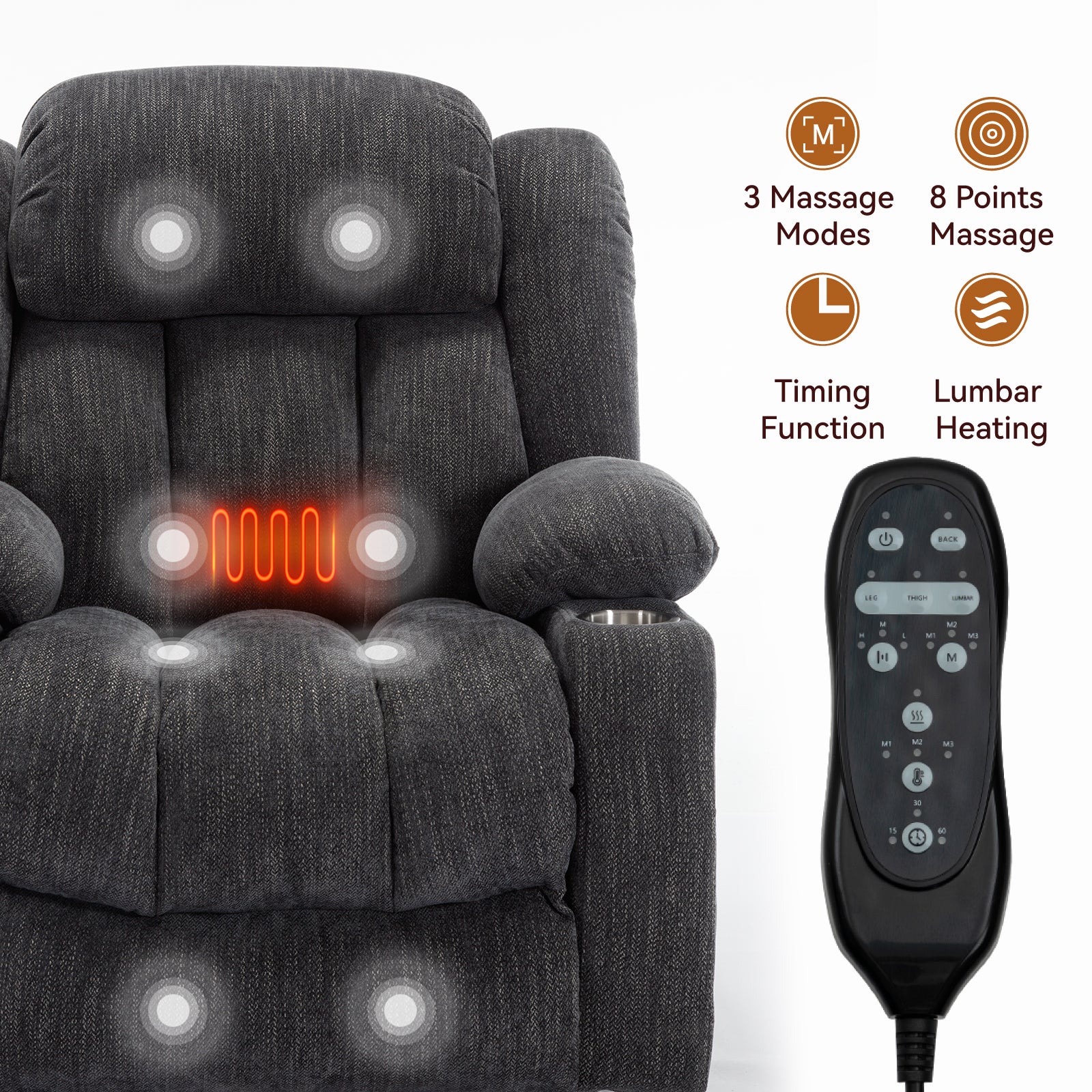 Homrest Premium Electric Recliner Chair with 8-Point Massage & Heating, Plush Chenille Fabric, Dark Gray