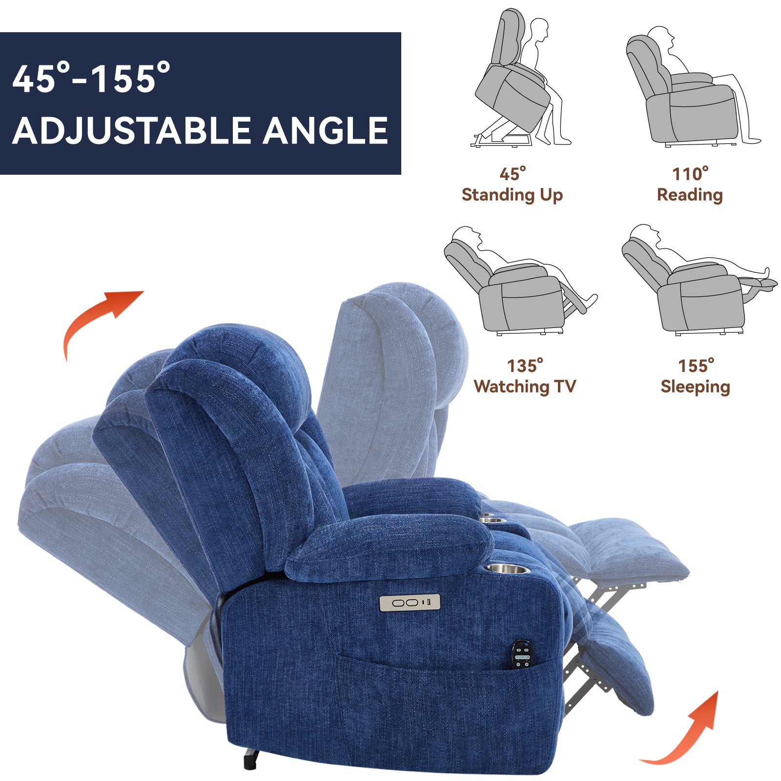 Homrest Premium Electric Recliner Chair with 8-Point Massage & Heating, Plush Chenille Fabric, Blue
