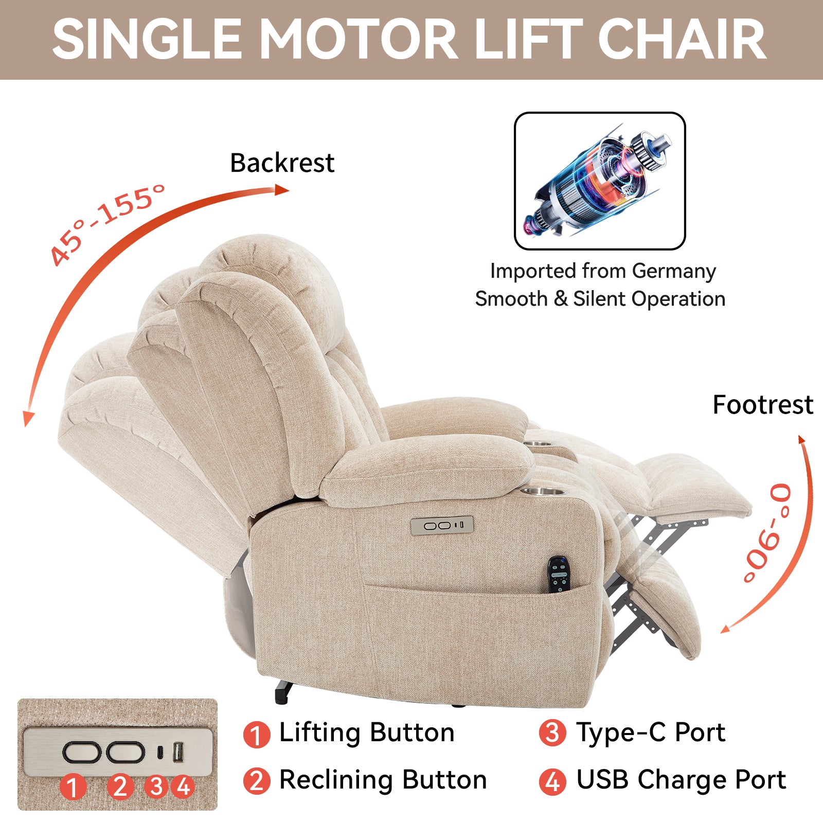 Homrest Premium Electric Recliner Chair with 8-Point Massage & Heating, Plush Chenille Fabric, Brown