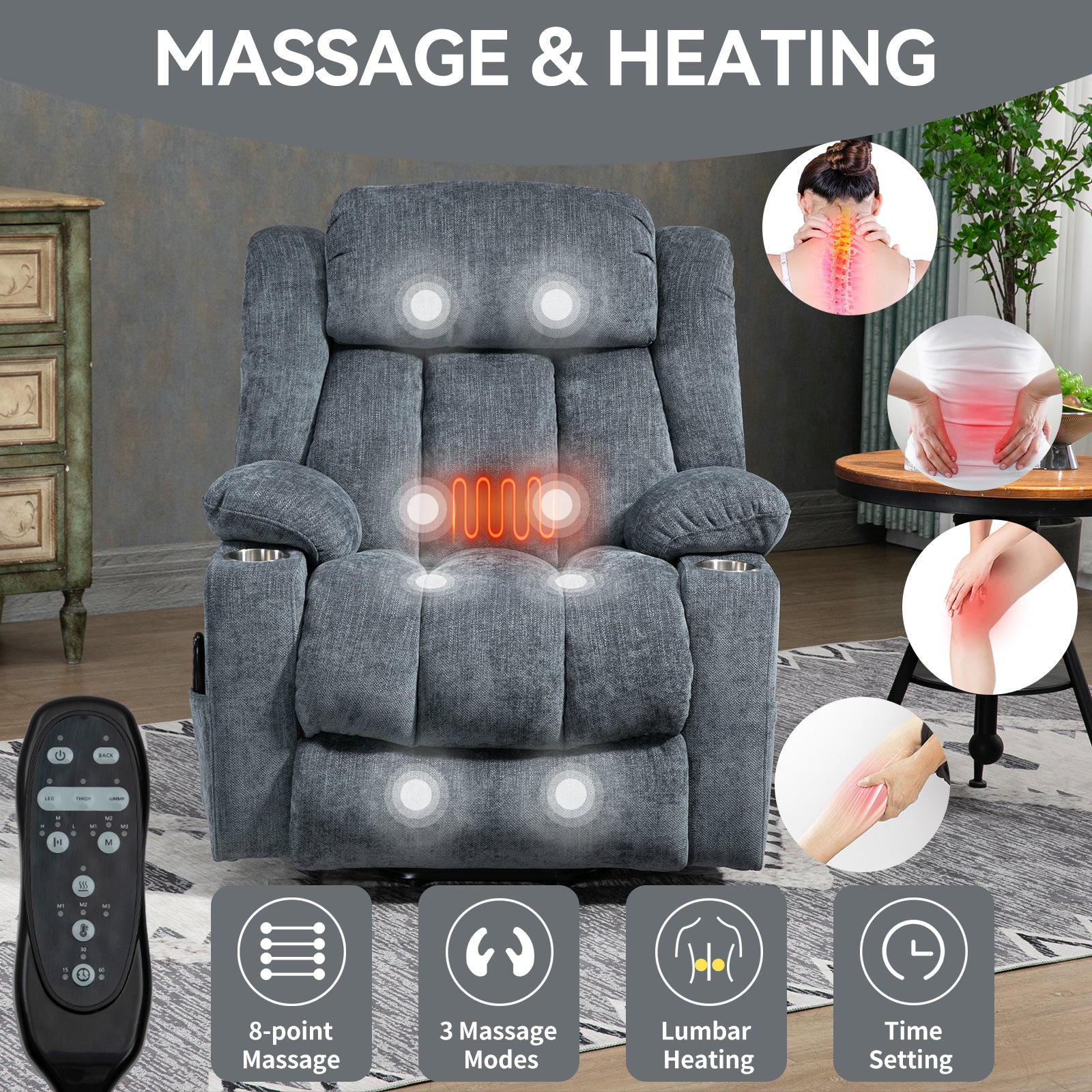 Homrest Premium Electric Recliner Chair with 8-Point Massage & Heating, Plush Chenille Fabric, Gray Blue