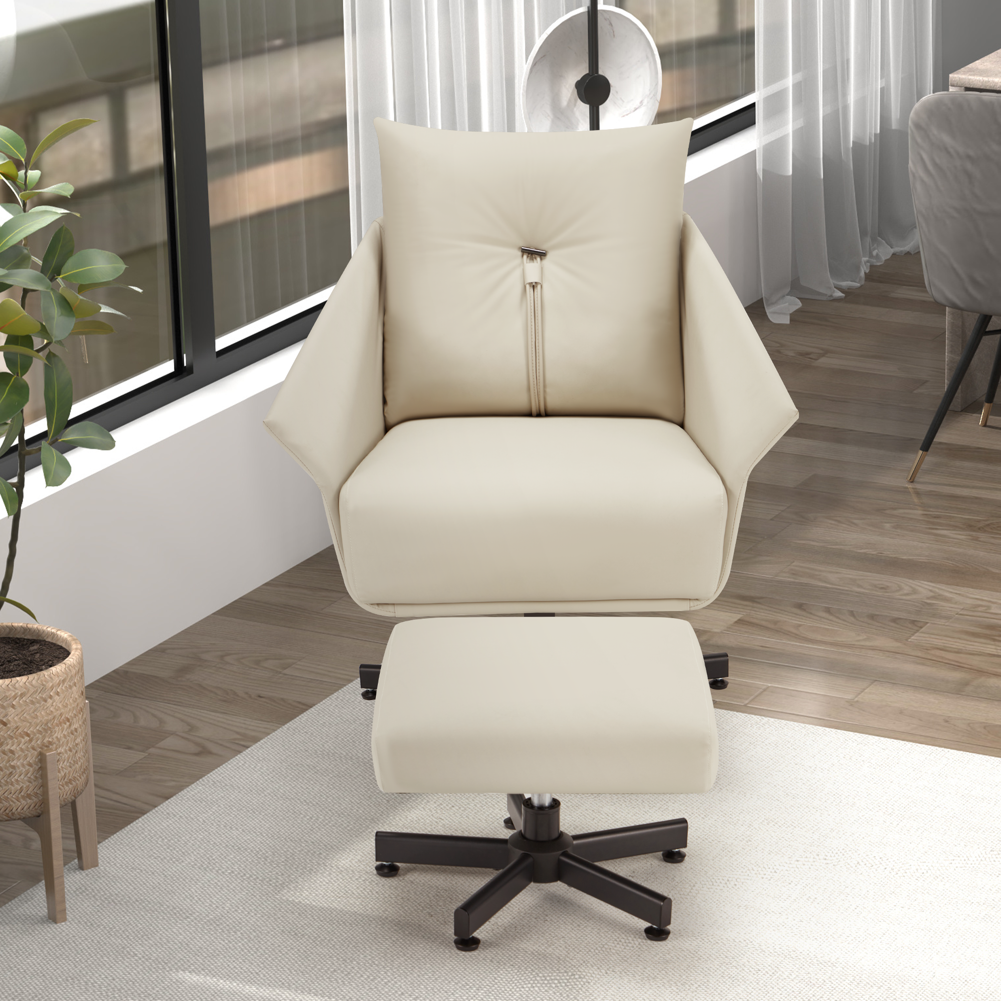 Swivel Lazy Chair with Ottoman, Home Desk Chair with Soft Faux Leather Pillow for Living Room, Beige