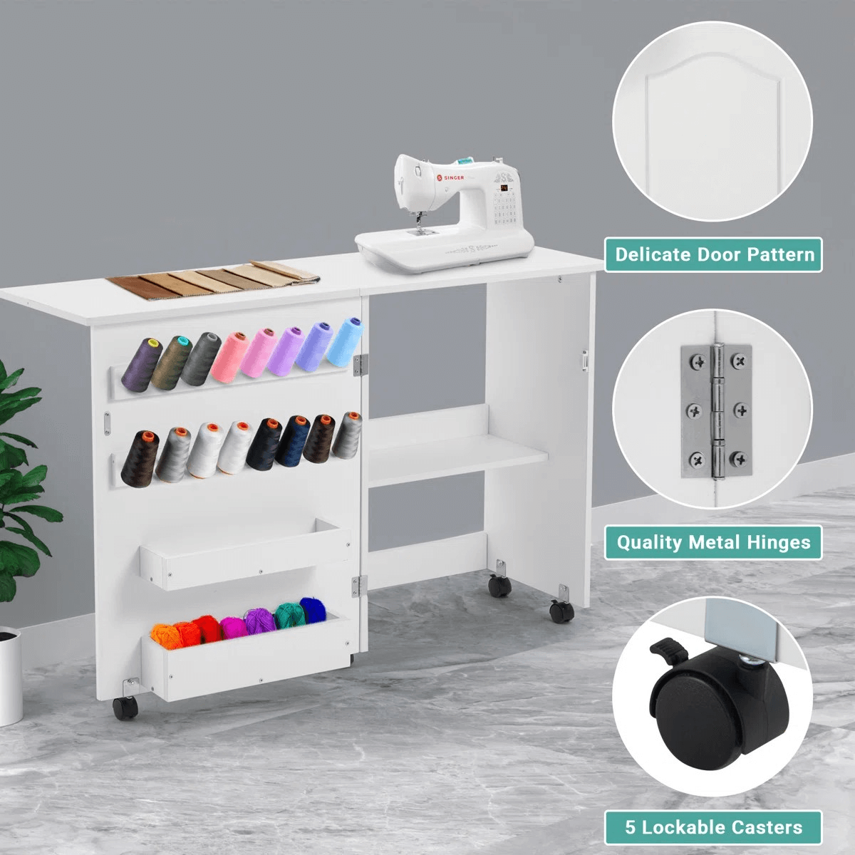 HOMREST 46" X 15.5" Folding Sewing Table, Portable Craft Station With Storage Shelf