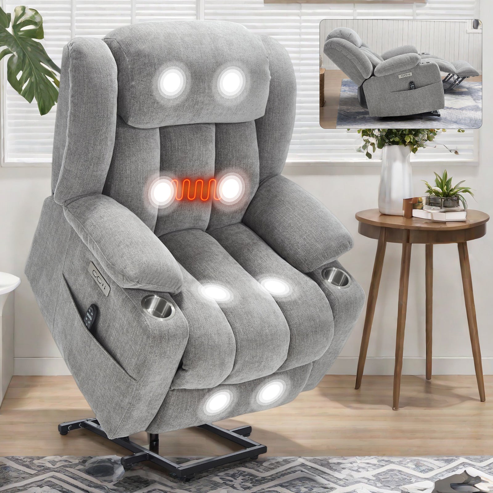 Homrest Premium Electric Recliner Chair with 8-Point Massage & Heating, Plush Chenille Fabric, Gray