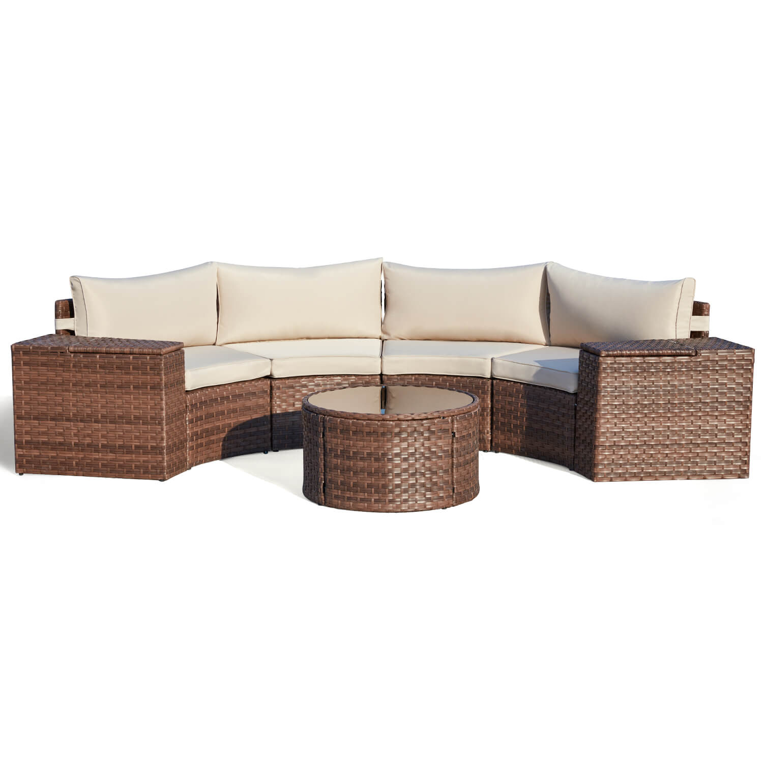 HOMREST Outdoor Patio Furniture Set, 7-Piece Half-Moon Wicker Patio Sofa Set with Storage Table, Brown & Beige