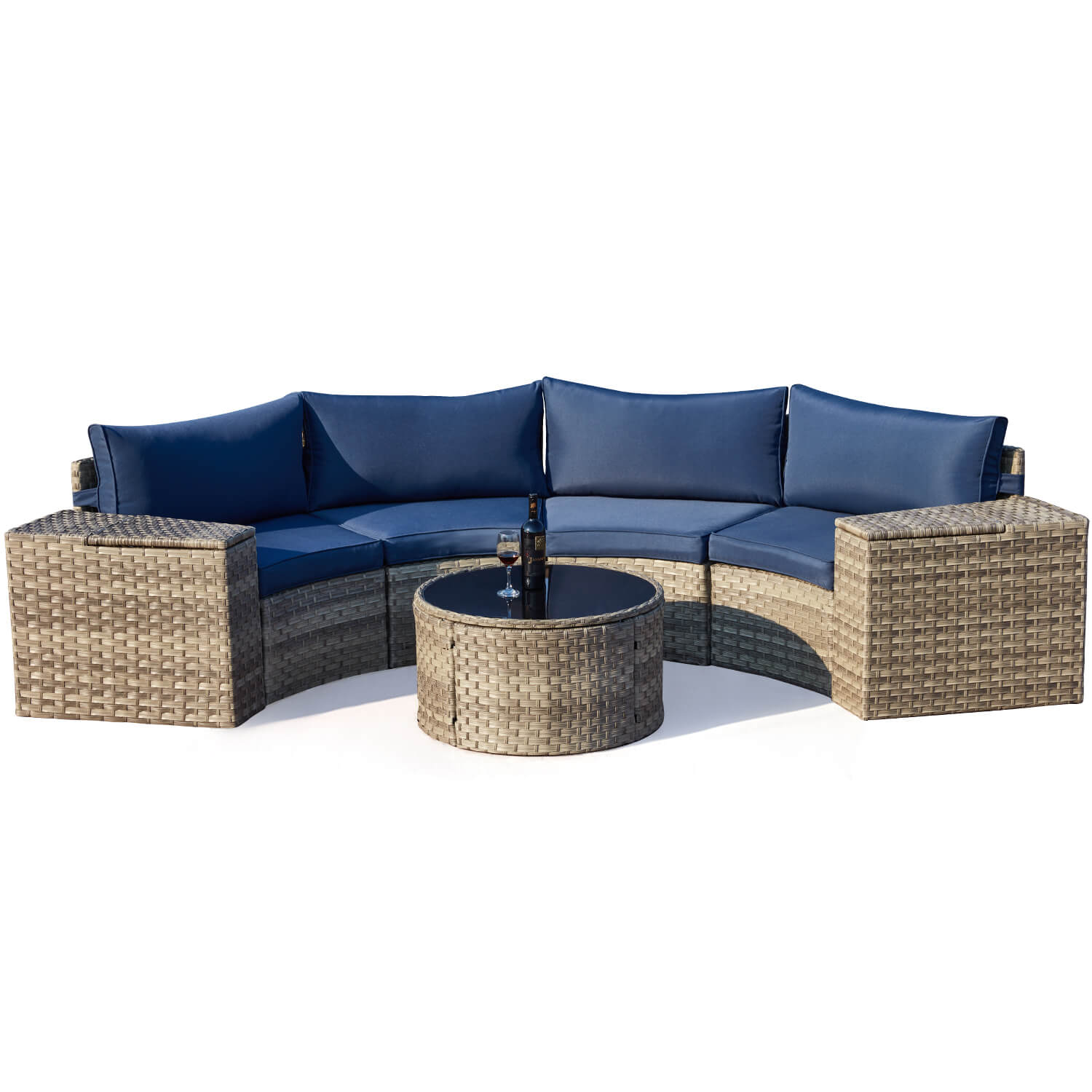 HOMREST Outdoor Patio Furniture Set, 7-Piece Half-Moon Wicker Patio Sofa Set with Storage Table, Blue