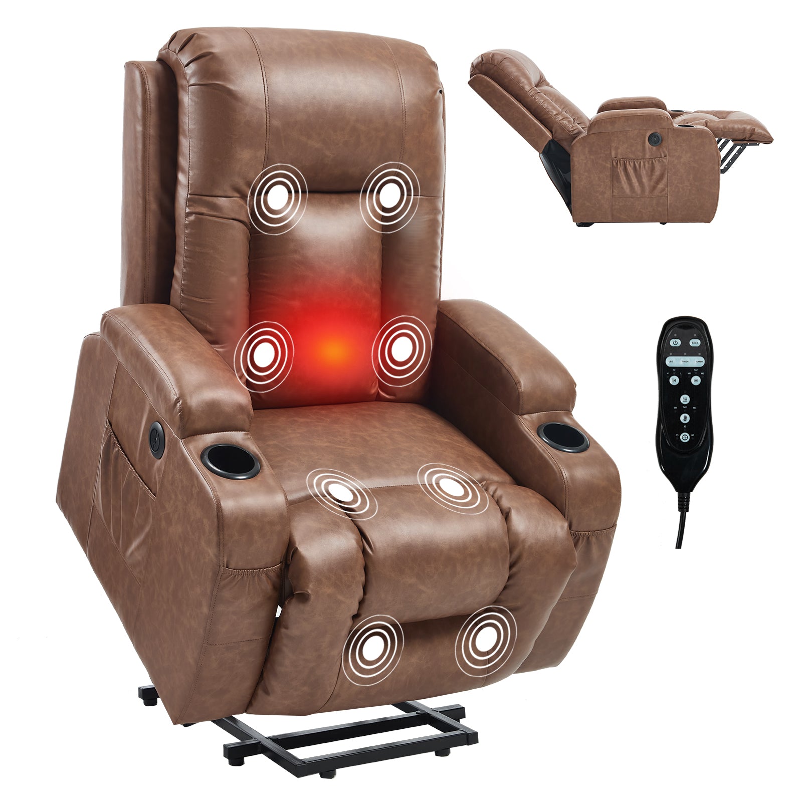 HOMREST PU Infinite Position Power Lift Recliner Chair for Elderly, 8-Point Massage & Heating, Brown