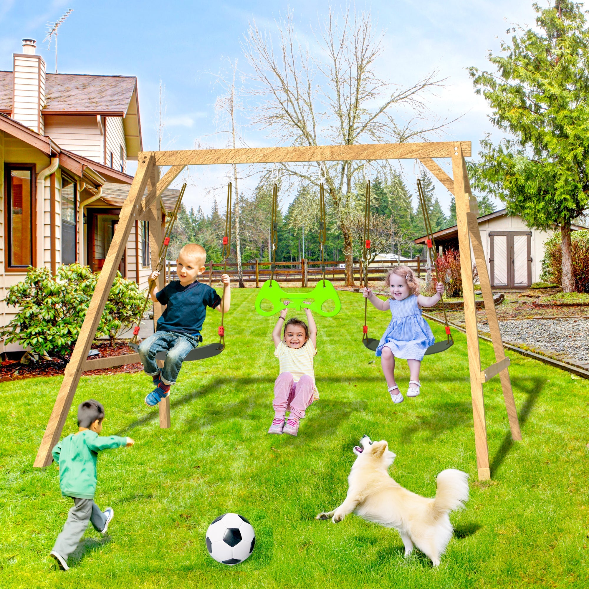Homrest Wooden Swing Sets for Backyard with 2 Belt Swings and Trapeze Bar, Outdoor Playset for Kids, Backyard Discovery Wooden Swing Set