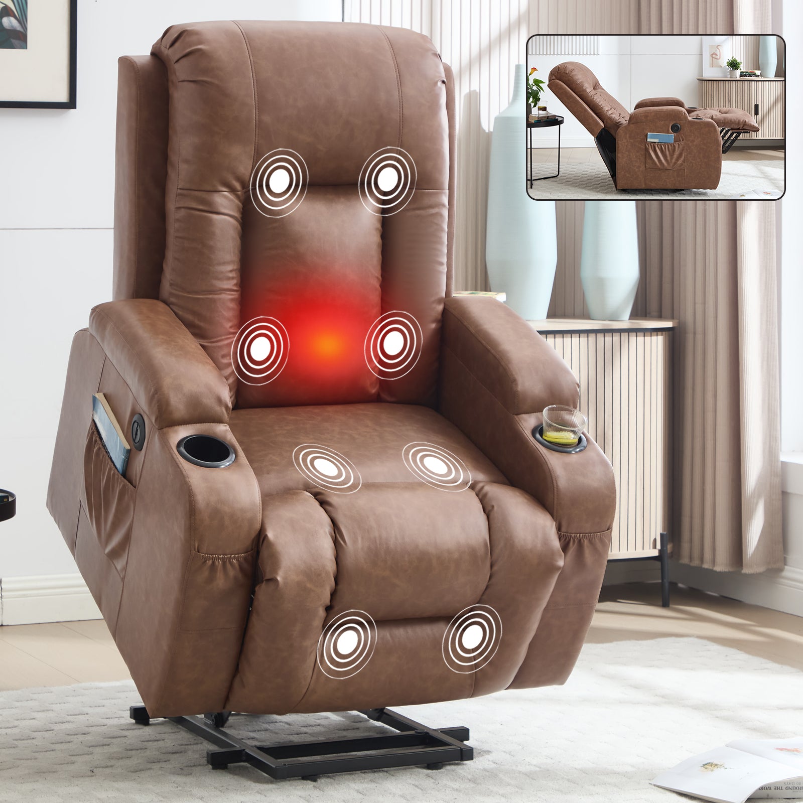 HOMREST PU Infinite Position Power Lift Recliner Chair for Elderly, 8-Point Massage & Heating, Brown