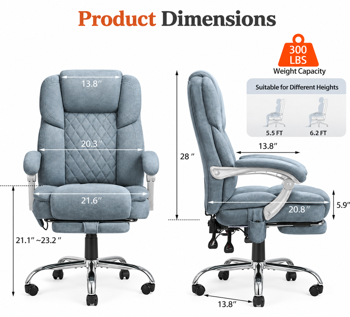 Homrest Reclining Desk Chair with Big and Tall Massage and Heated, Airy Blue