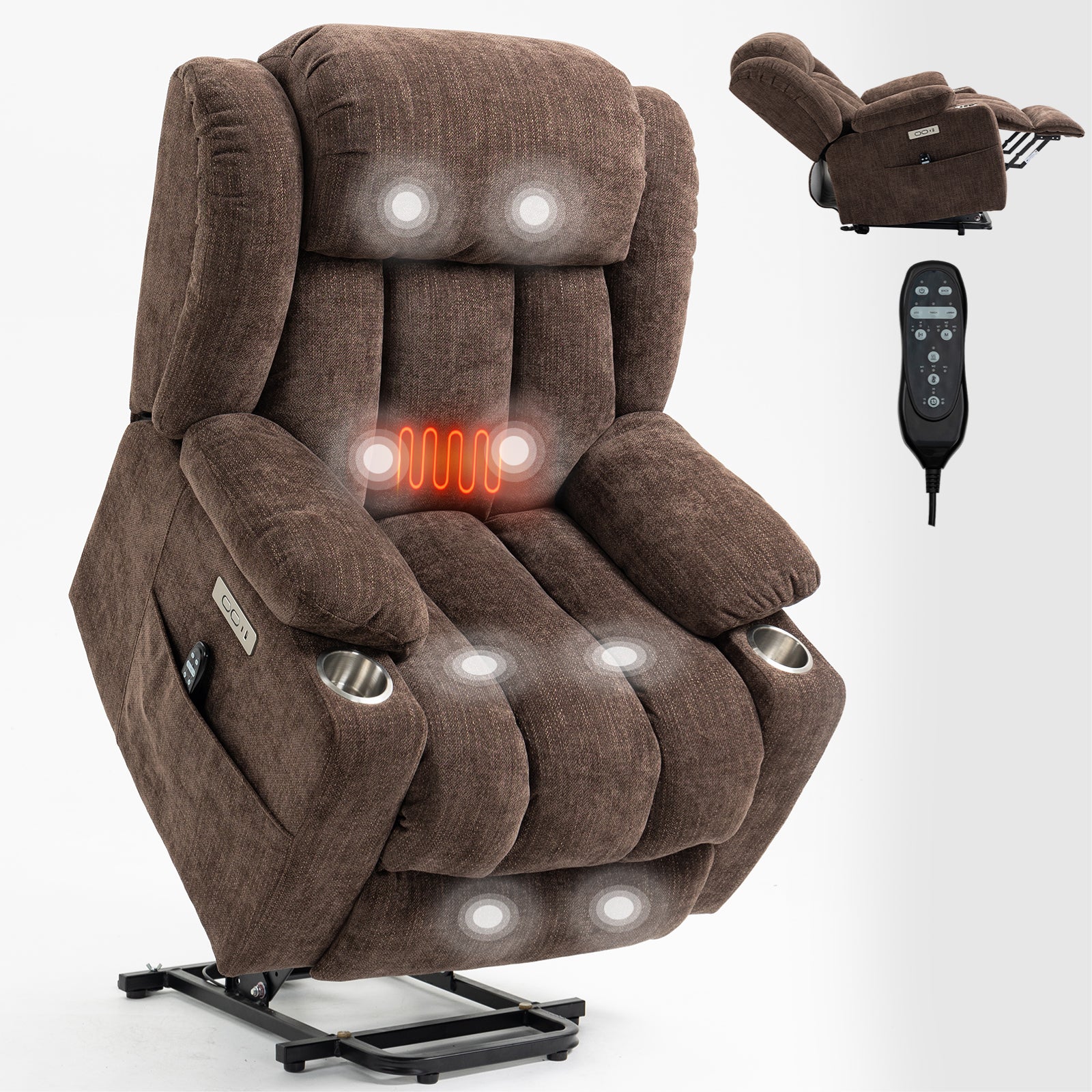 Homrest Premium Electric Recliner Chair with 8-Point Massage & Heating, Plush Chenille Fabric, Dark Brown