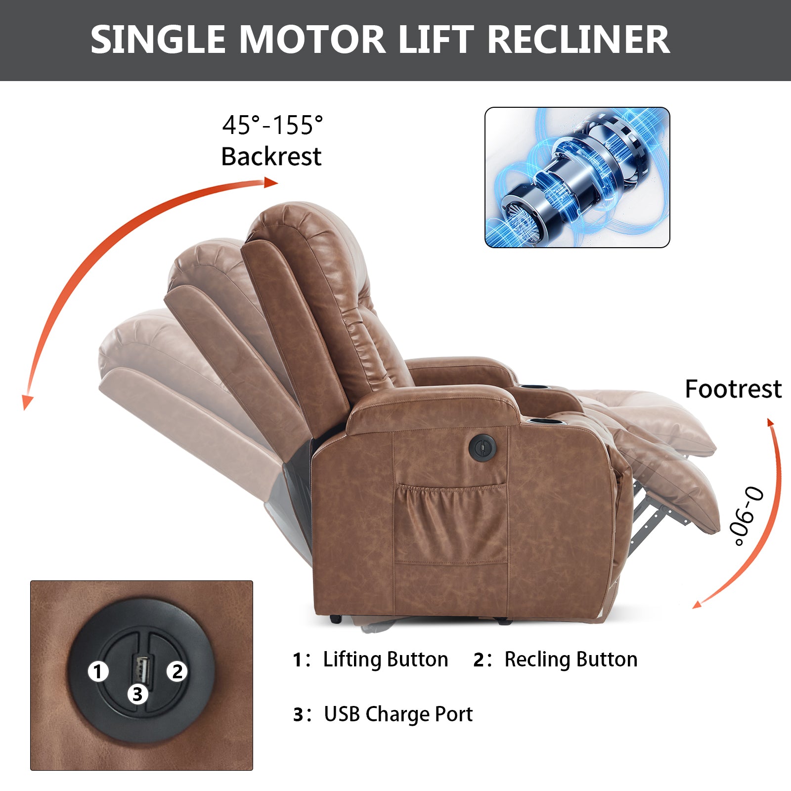 HOMREST PU Infinite Position Power Lift Recliner Chair for Elderly, 8-Point Massage & Heating, Brown