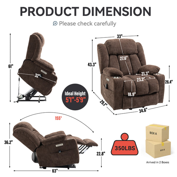 Homrest Premium Electric Recliner Chair with 8-Point Massage & Heating, Plush Chenille Fabric, Dark Brown