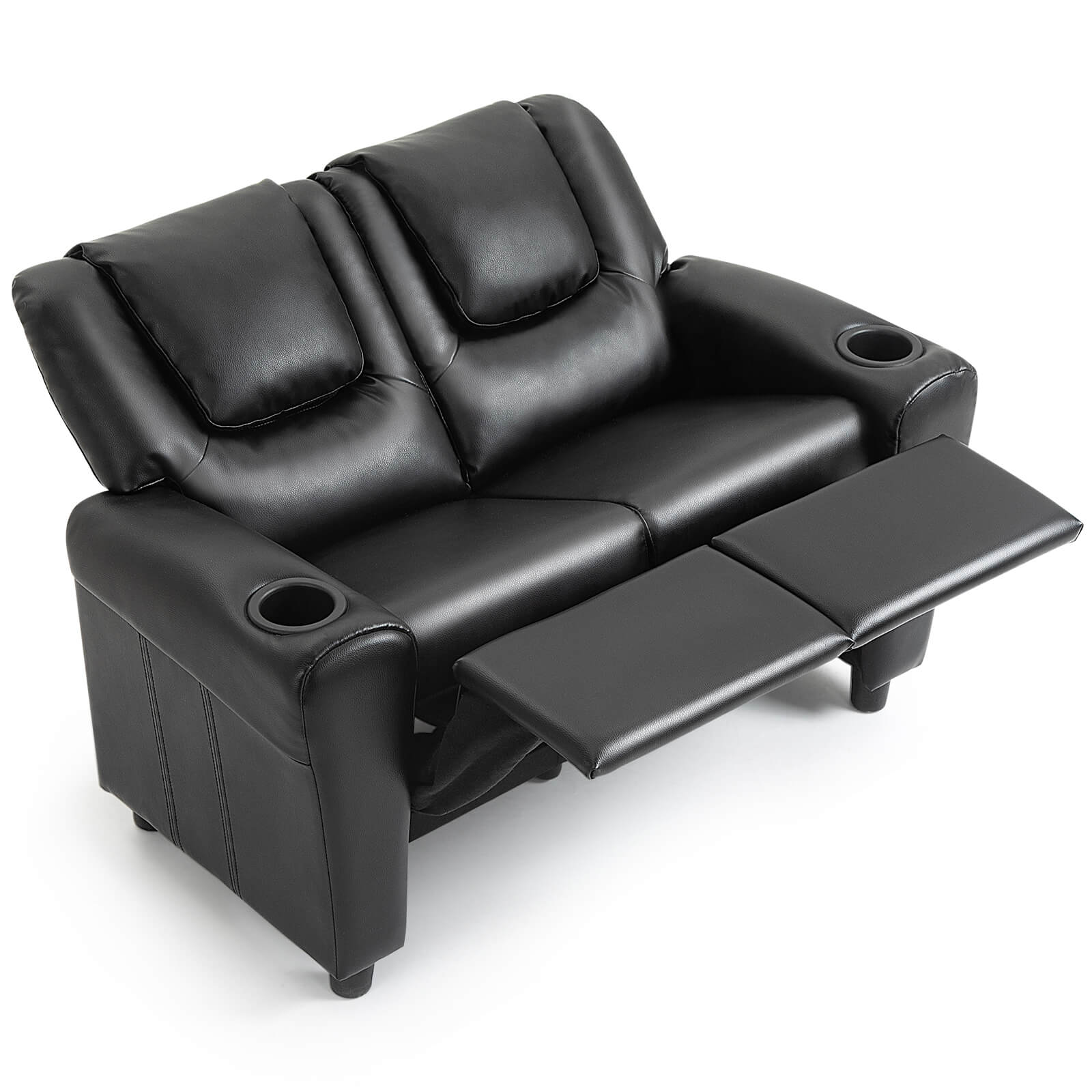 HOMREST Kids Recliner Chair, Double Kids Sofa Chair w/Cup Holder PU Leather, Toddler Loveseat Couch w/Adjustable Footrest & Headres for Boys Girls 3+ Age Group, Classic Black