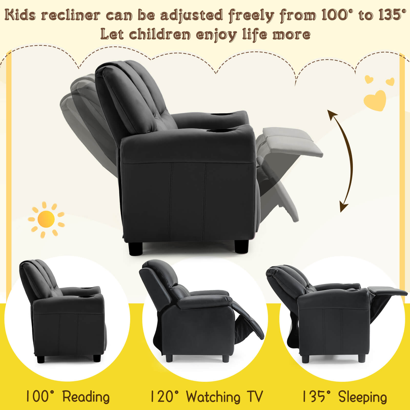 HOMREST Kids Recliner Chair, Double Kids Sofa Chair w/Cup Holder PU Leather, Toddler Loveseat Couch w/Adjustable Footrest & Headres for Boys Girls 3+ Age Group, Classic Black