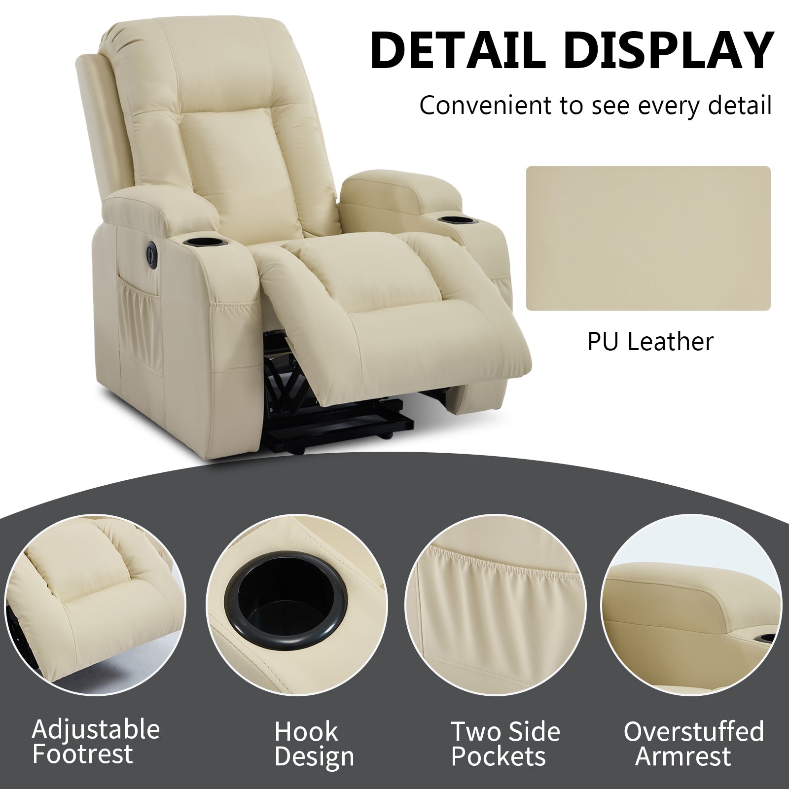 HOMREST PU Infinite Position Power Lift Recliner Chair for Elderly, 8-Point Massage & Heating, Beige