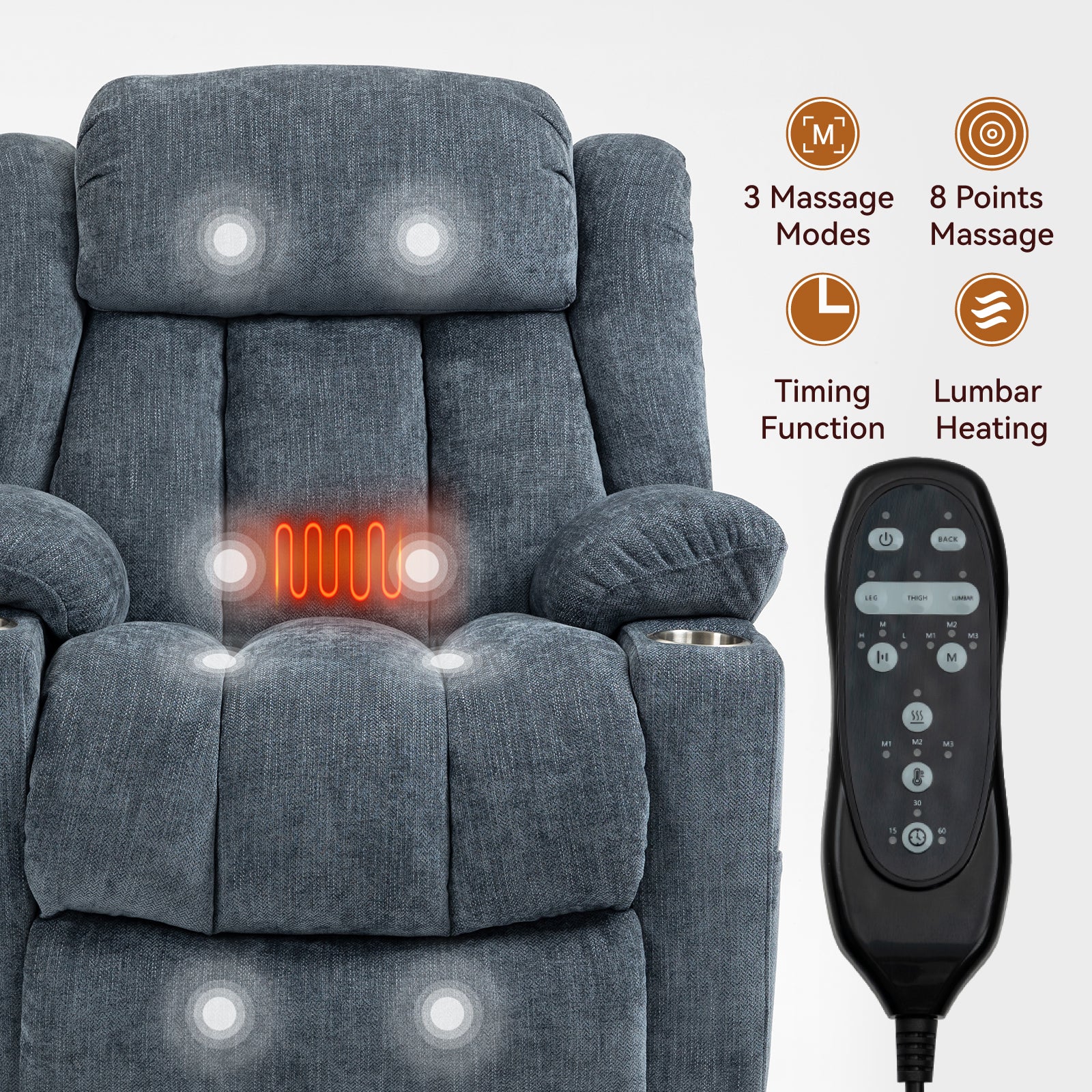 Homrest Premium Electric Recliner Chair with 8-Point Massage & Heating, Plush Chenille Fabric, Gray Blue