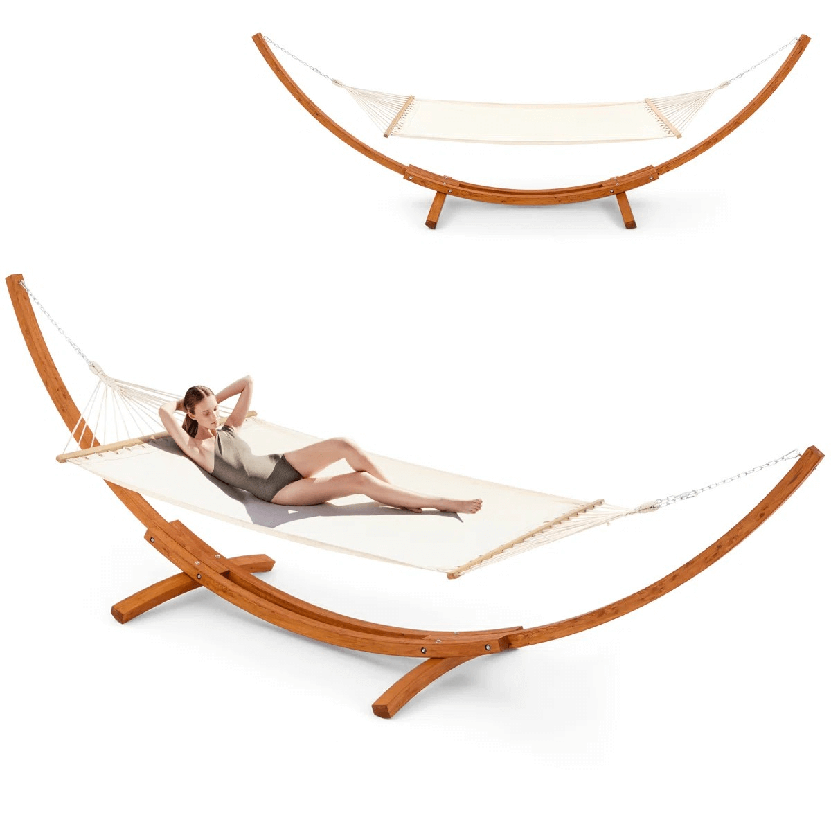 HOMREST 14 FT Hammock with Stand for Outside, 2 Person Heavy Duty Wooden Hammock Stand, White