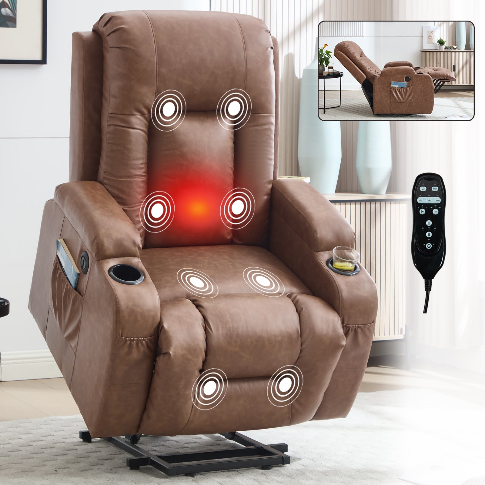 HOMREST PU Infinite Position Power Lift Recliner Chair for Elderly, 8-Point Massage & Heating, Brown