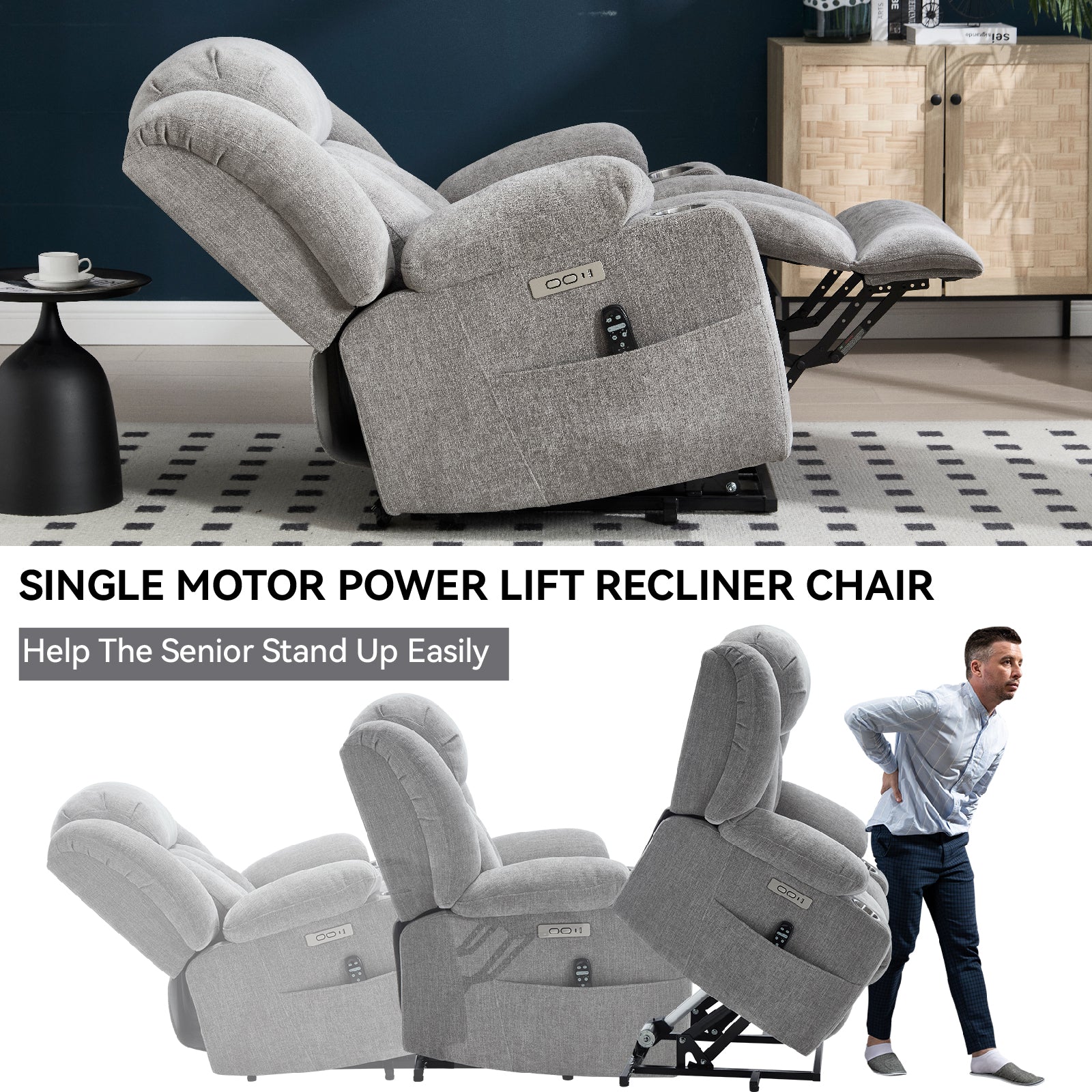 Homrest Premium Electric Recliner Chair with 8-Point Massage & Heating, Plush Chenille Fabric, Gray