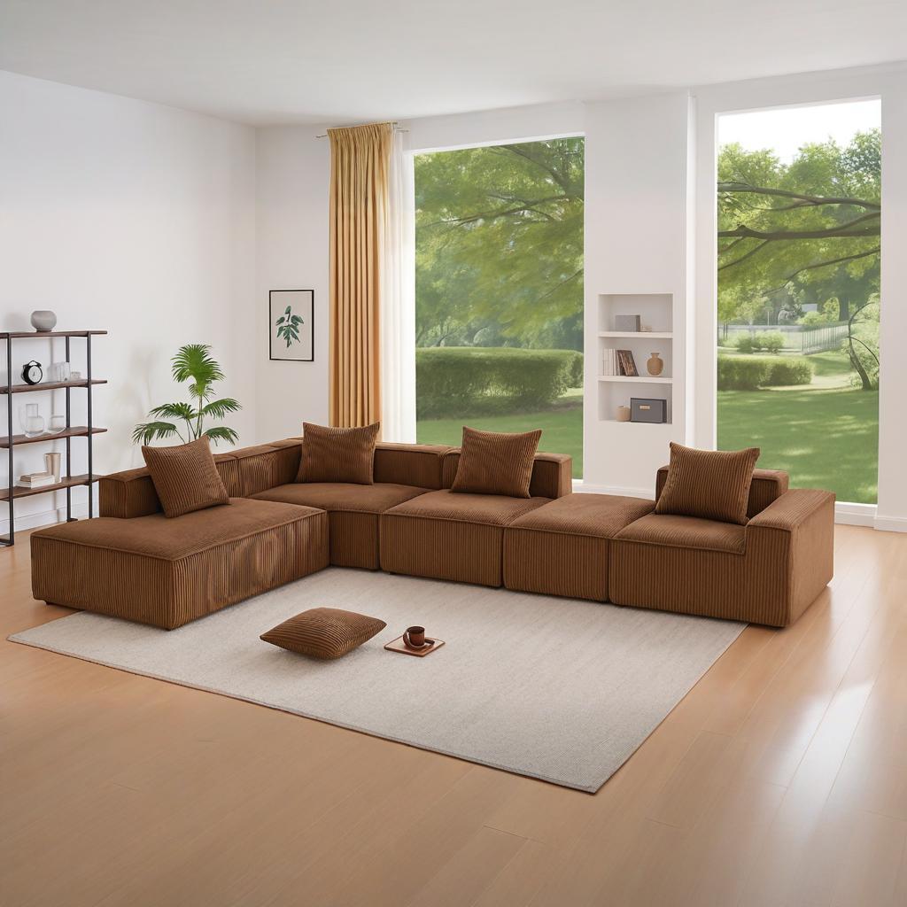 HOMREST 5-Seat Modular Sofa, Corduroy Lounge Couch with Free Combination Design and Throw Pillows, Brown