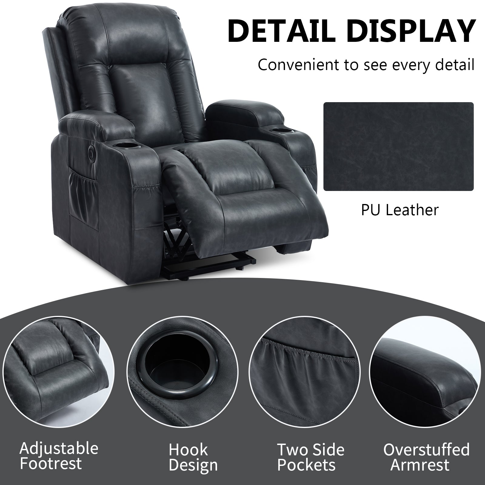 HOMREST PU Infinite Position Power Lift Recliner Chair for Elderly, 8-Point Massage & Heating, Gray