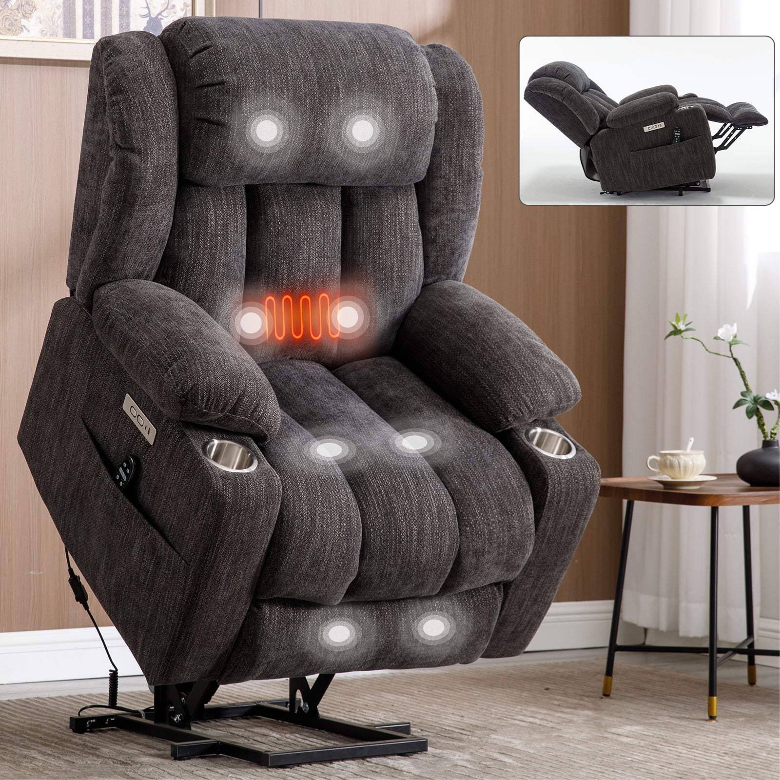 Homrest Premium Electric Recliner Chair with 8-Point Massage & Heating, Plush Chenille Fabric, Dark Gray