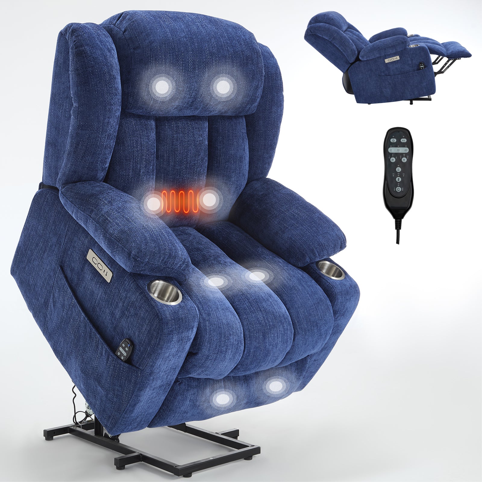 Homrest Premium Electric Recliner Chair with 8-Point Massage & Heating, Plush Chenille Fabric, Blue