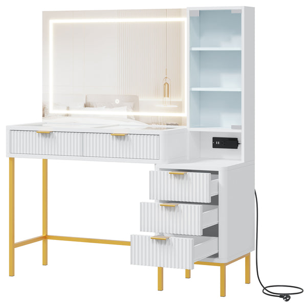 HOMREST Fluted Makeup Vanity Desk with Mirror, Lights,5 Drawers, 3 Storage Shelves and Charging Station, White Gold