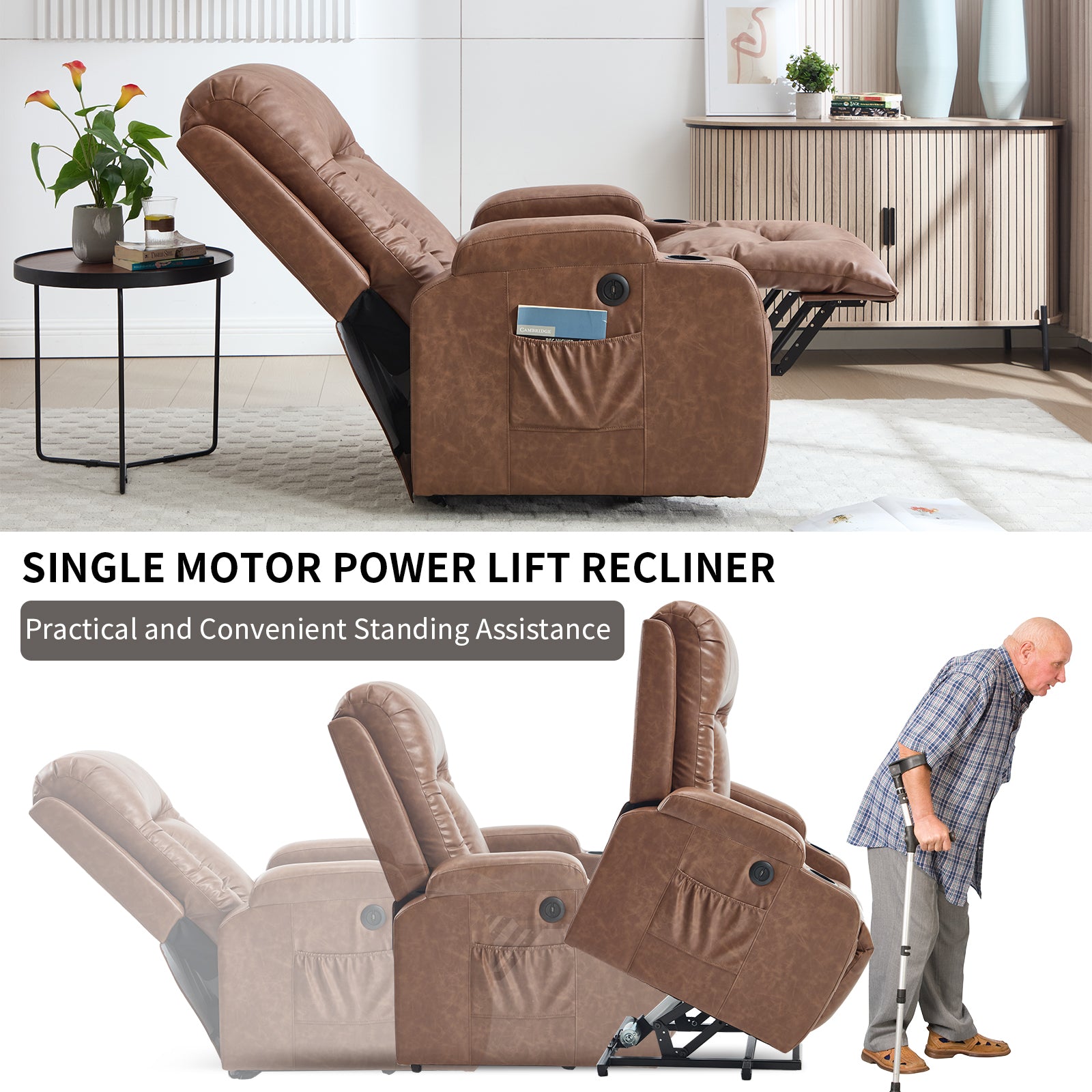 HOMREST PU Infinite Position Power Lift Recliner Chair for Elderly, 8-Point Massage & Heating, Brown